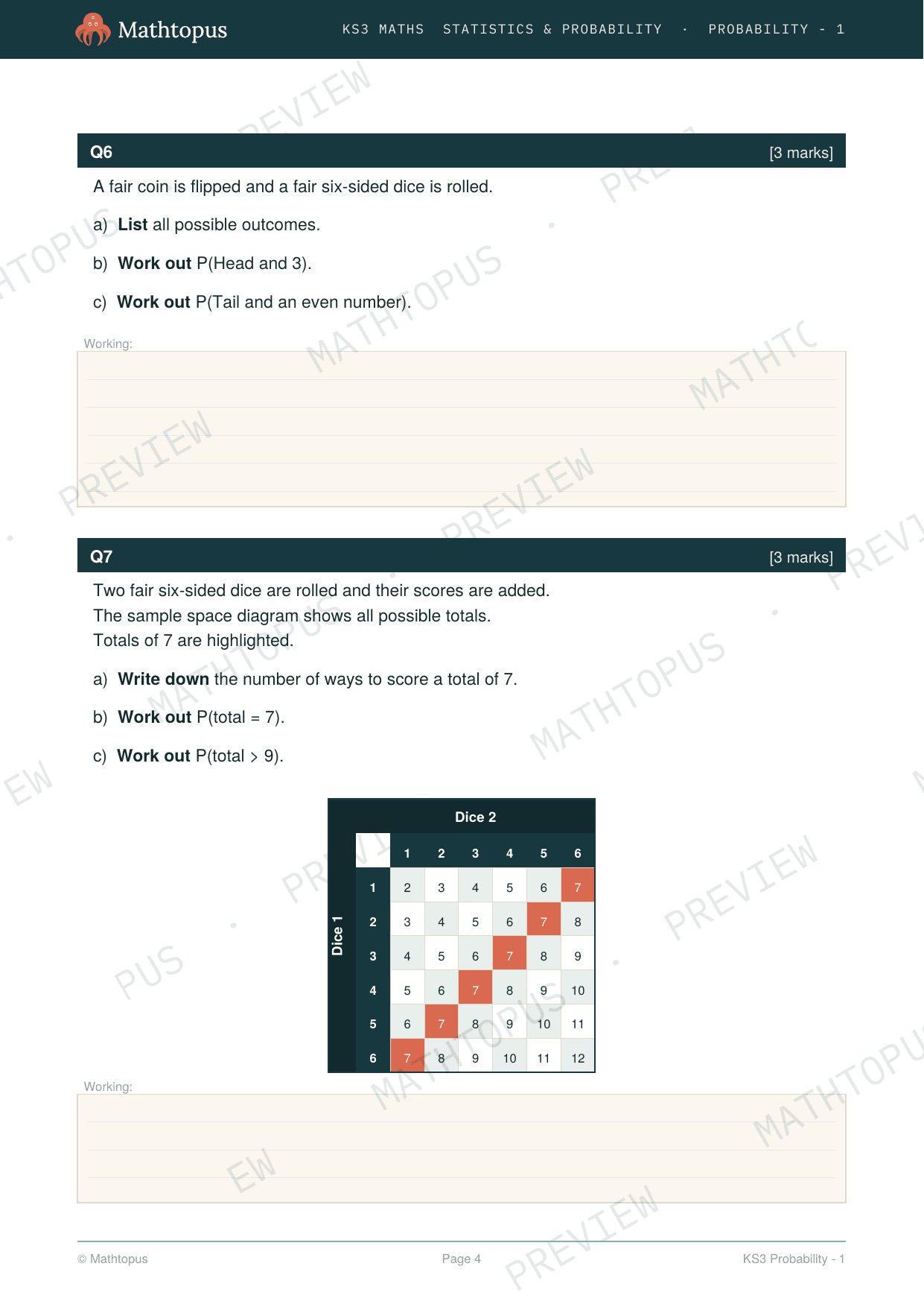 Preview of KS3 Probability Test Paper with Mark Scheme
