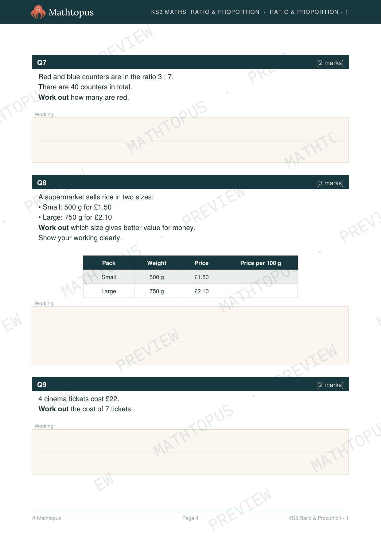 Preview of KS3 Ratio & Proportion Test Paper with Mark Scheme