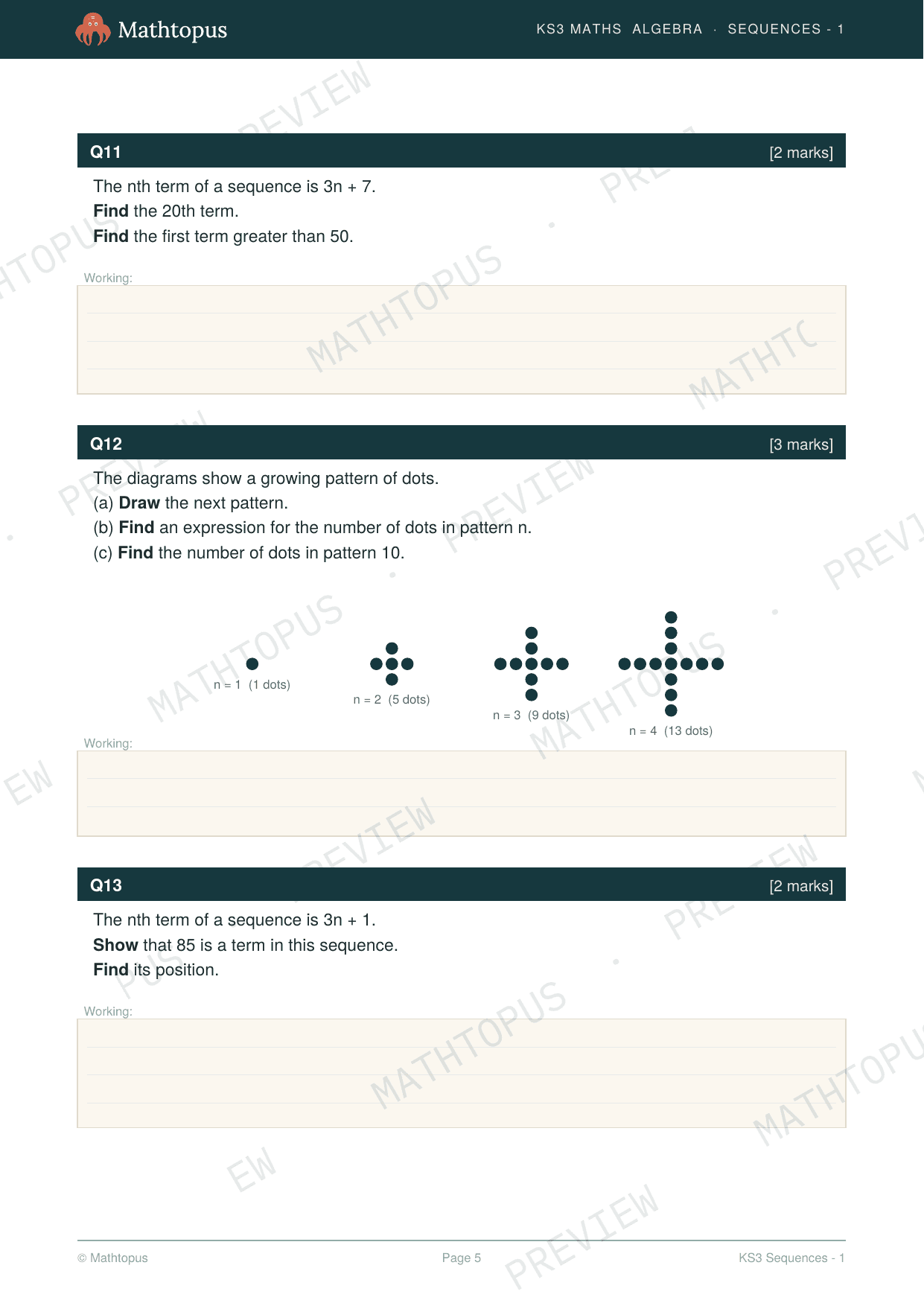 Preview of KS3 Sequences Test Paper with Mark Scheme