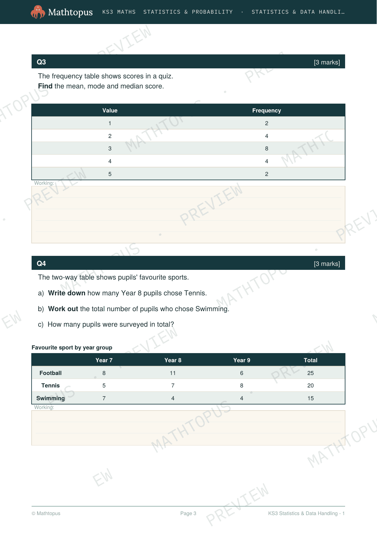 Preview of KS3 Statistics & Data Handling Test Paper with Mark Scheme