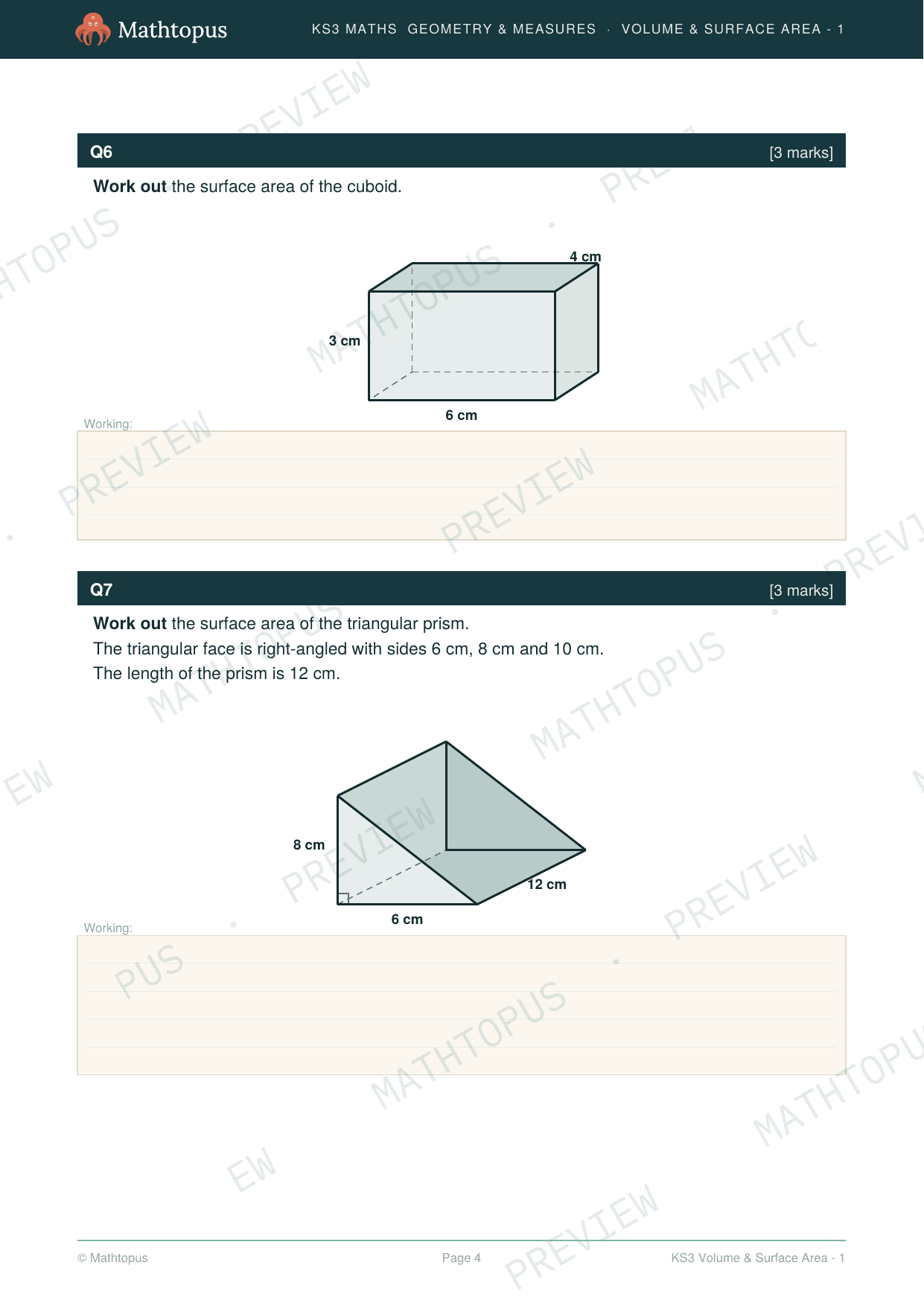 Preview of KS3 Volume & Surface Area Test Paper with Mark Scheme