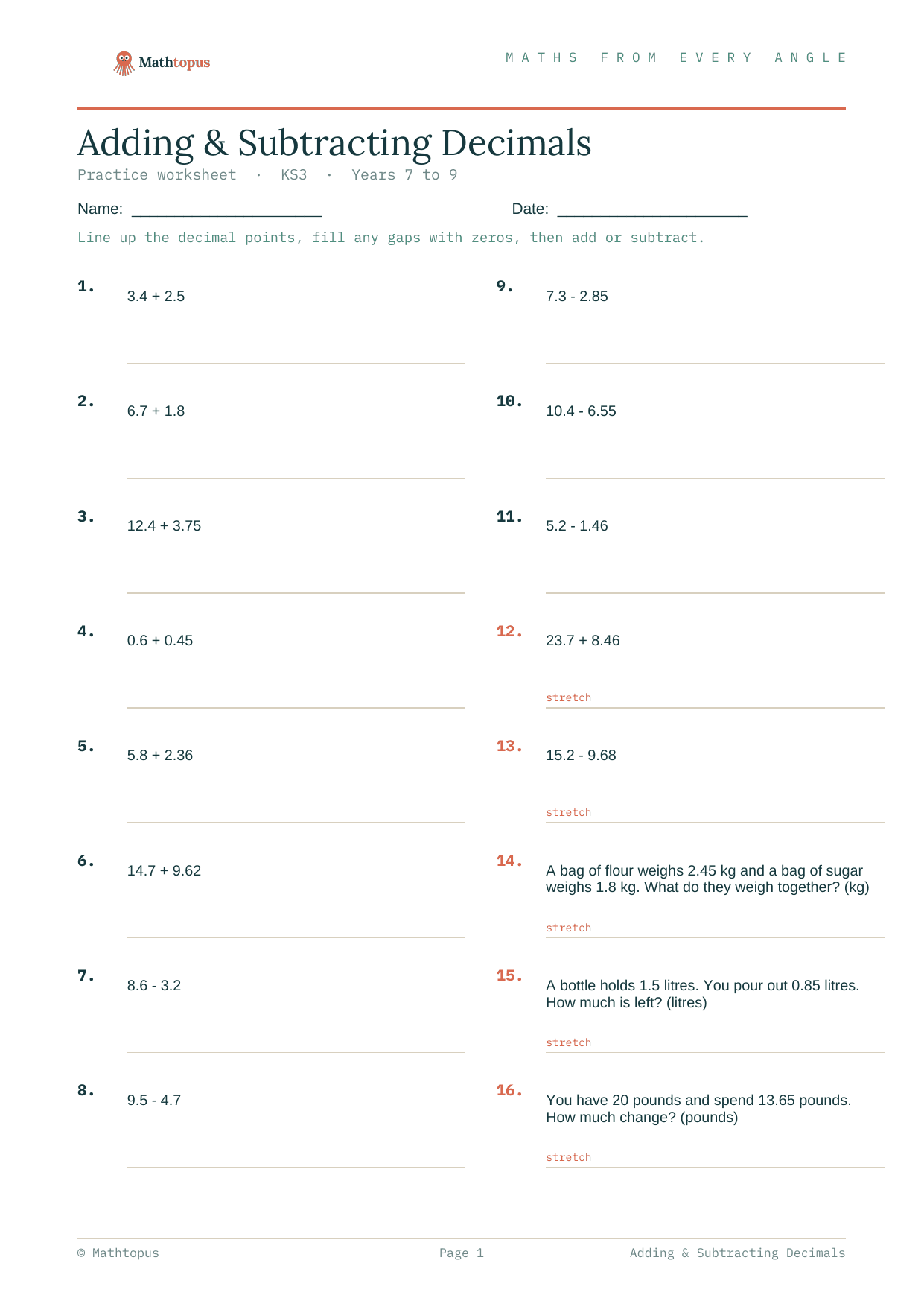 Preview of Adding & Subtracting Decimals — Free KS3 Worksheet