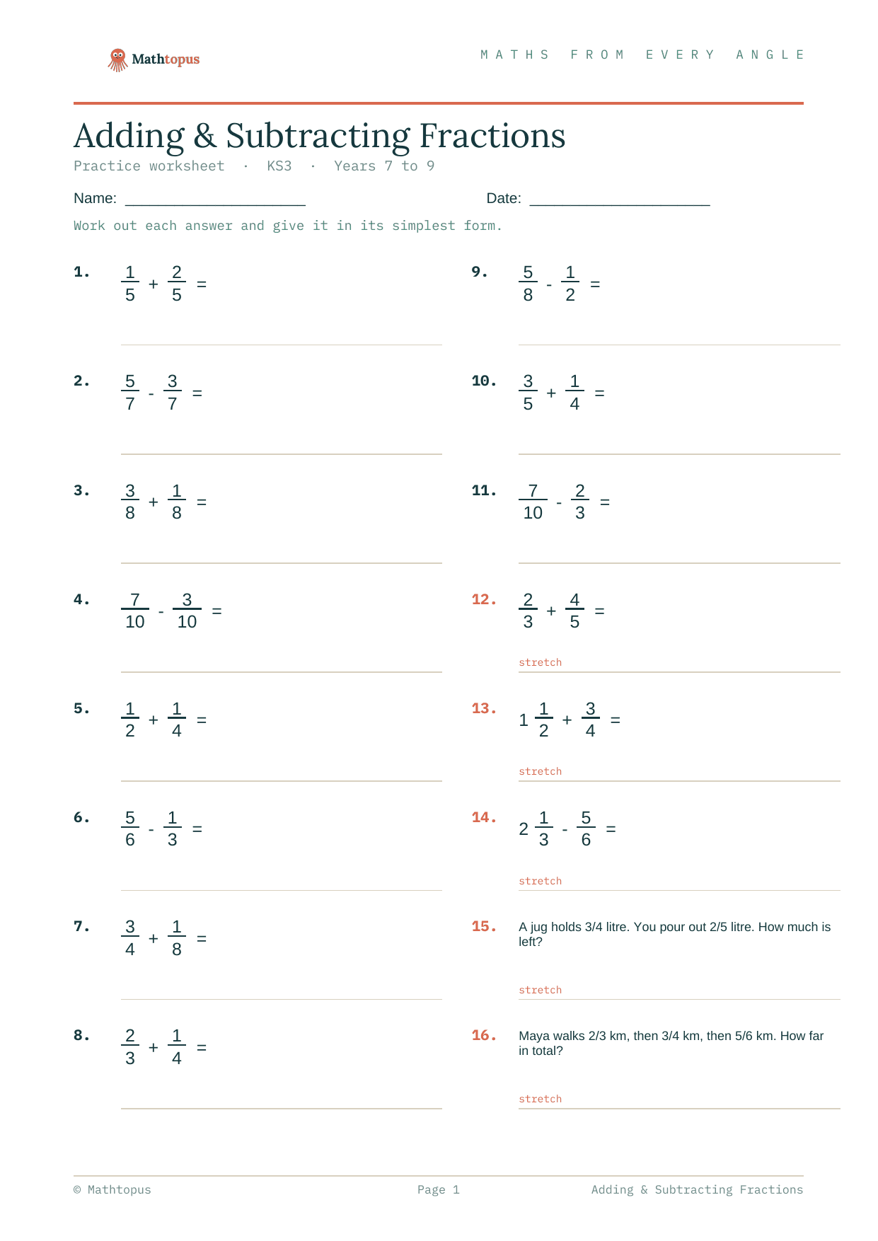 Preview of Adding & Subtracting Fractions — Free KS3 Worksheet