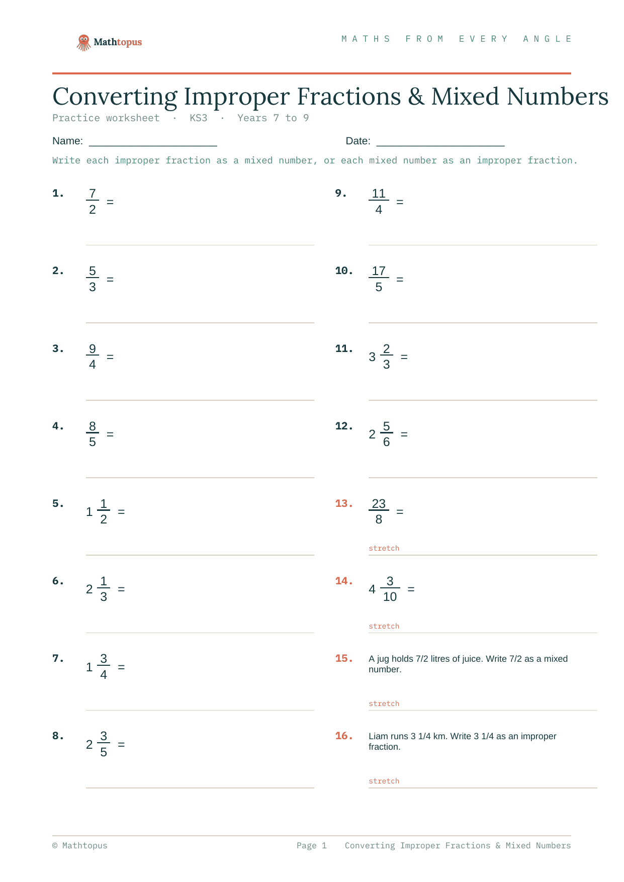 Preview of Converting Improper Fractions & Mixed Numbers — Free KS3 Worksheet