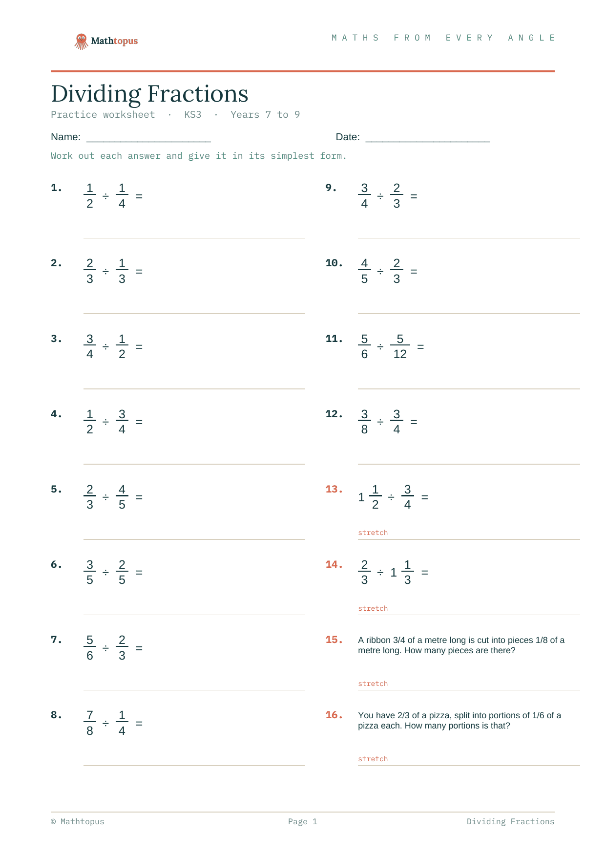 Preview of Dividing Fractions — Free KS3 Worksheet