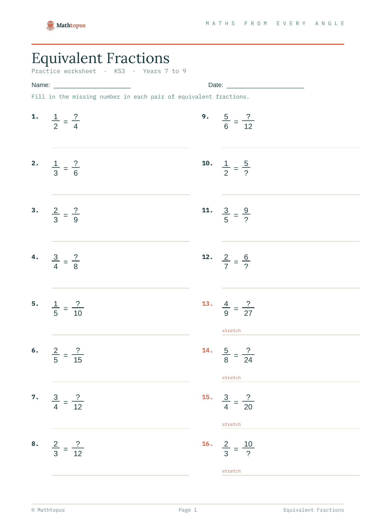 Preview of Equivalent Fractions — Free KS3 Worksheet