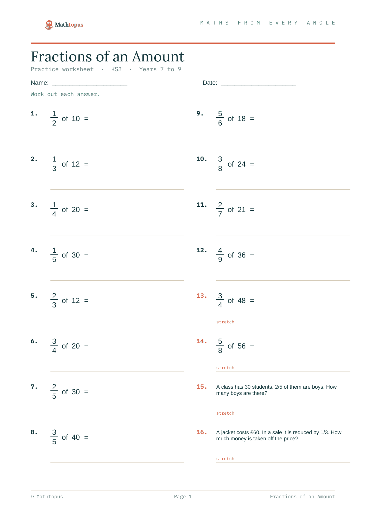 Preview of Fractions of an Amount — Free KS3 Worksheet