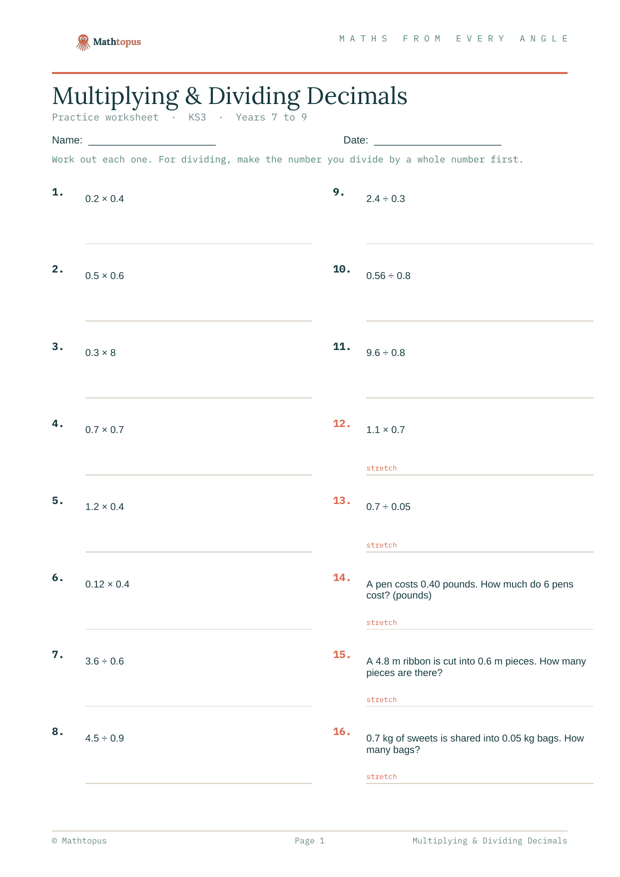 Preview of Multiplying & Dividing Decimals — Free KS3 Worksheet