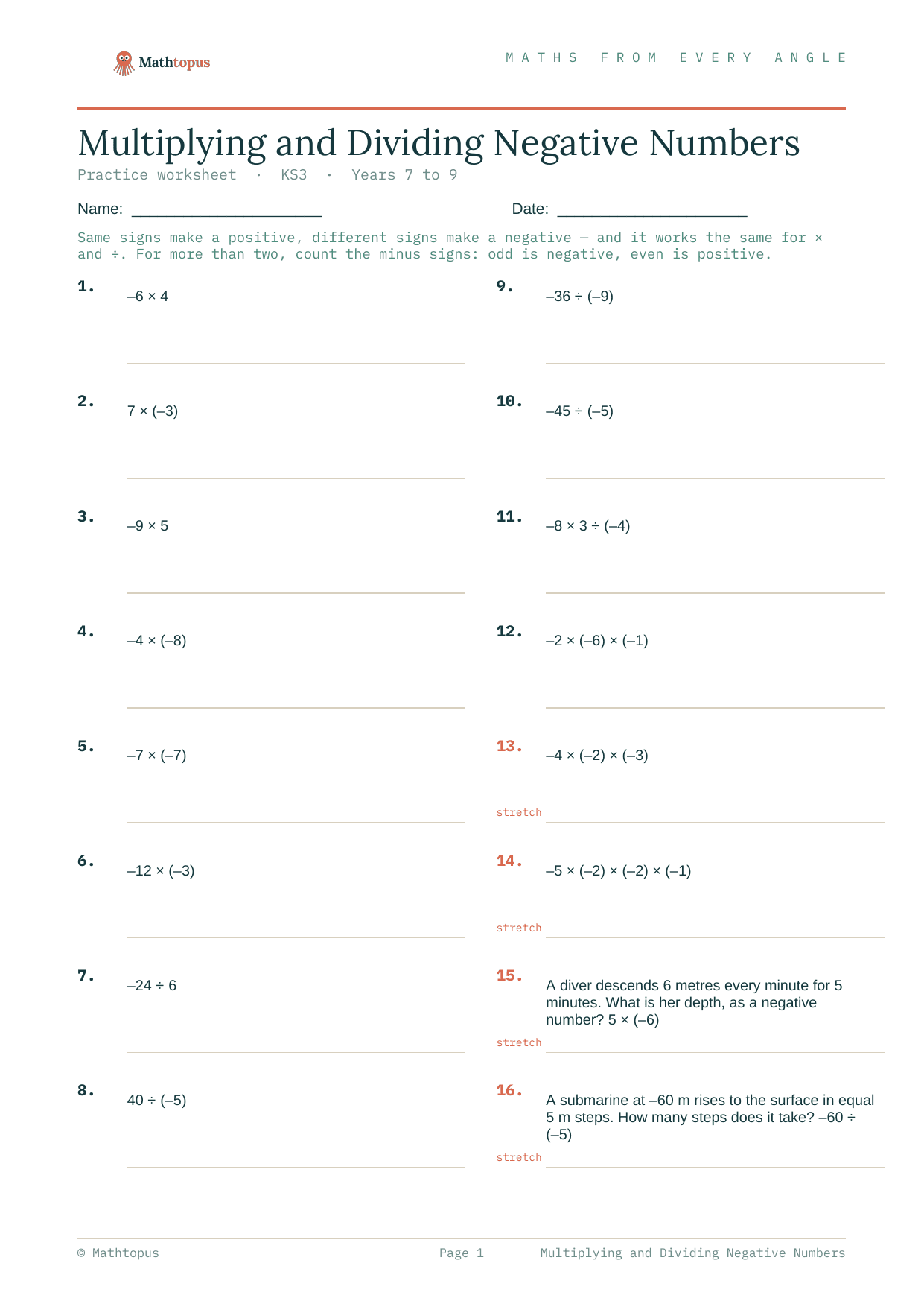 Preview of Multiplying and Dividing Negative Numbers — Free KS3 Worksheet