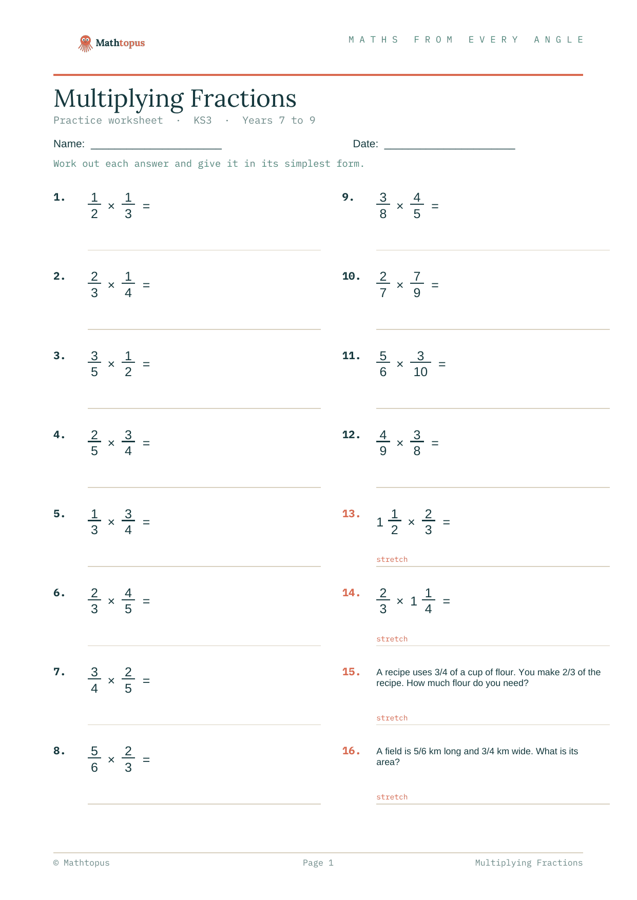 Preview of Multiplying Fractions — Free KS3 Worksheet