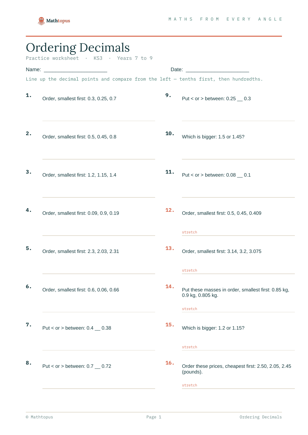 Preview of Ordering Decimals & Place Value — Free KS3 Worksheet