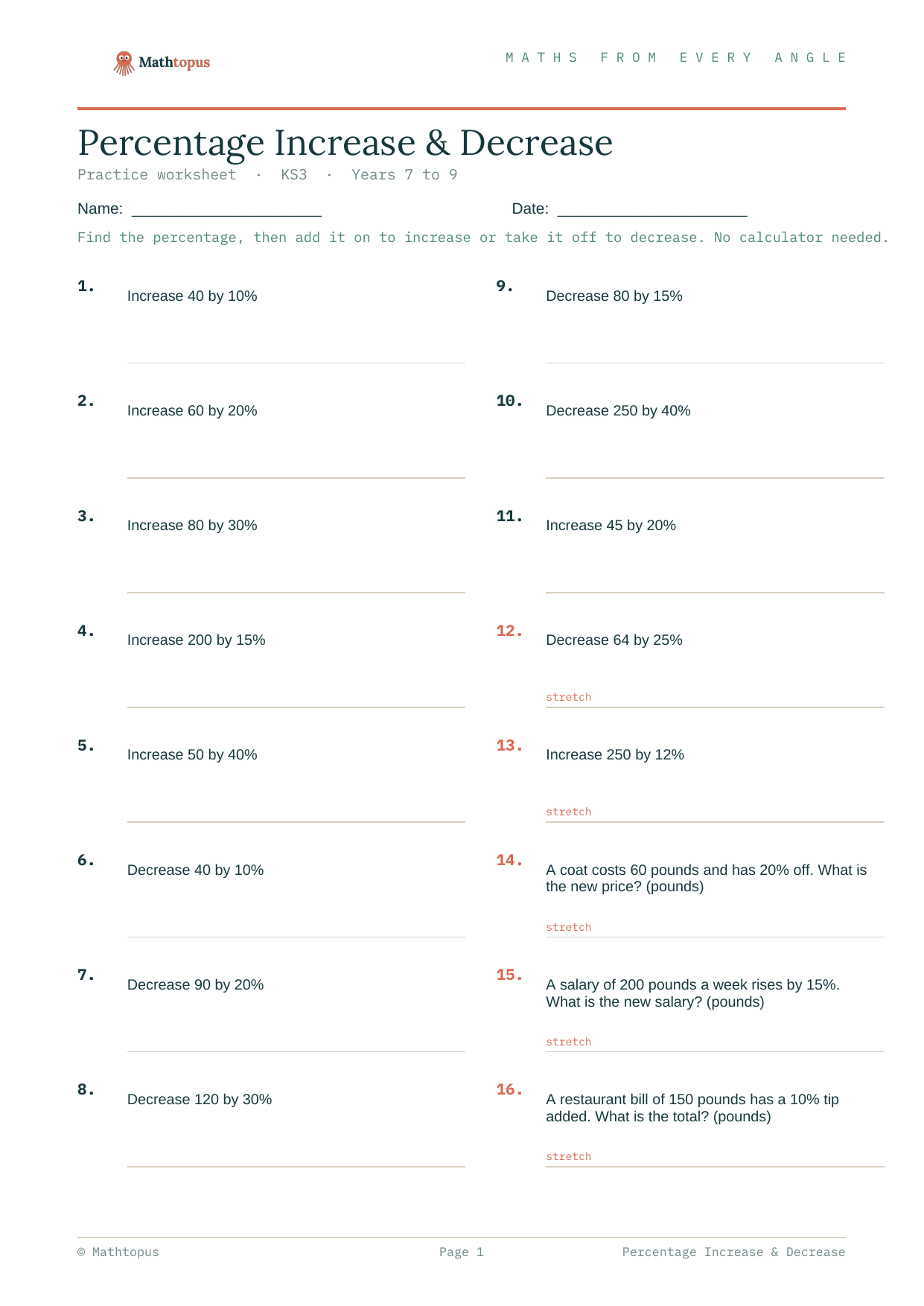 Preview of Percentage Increase & Decrease — Free KS3 Worksheet