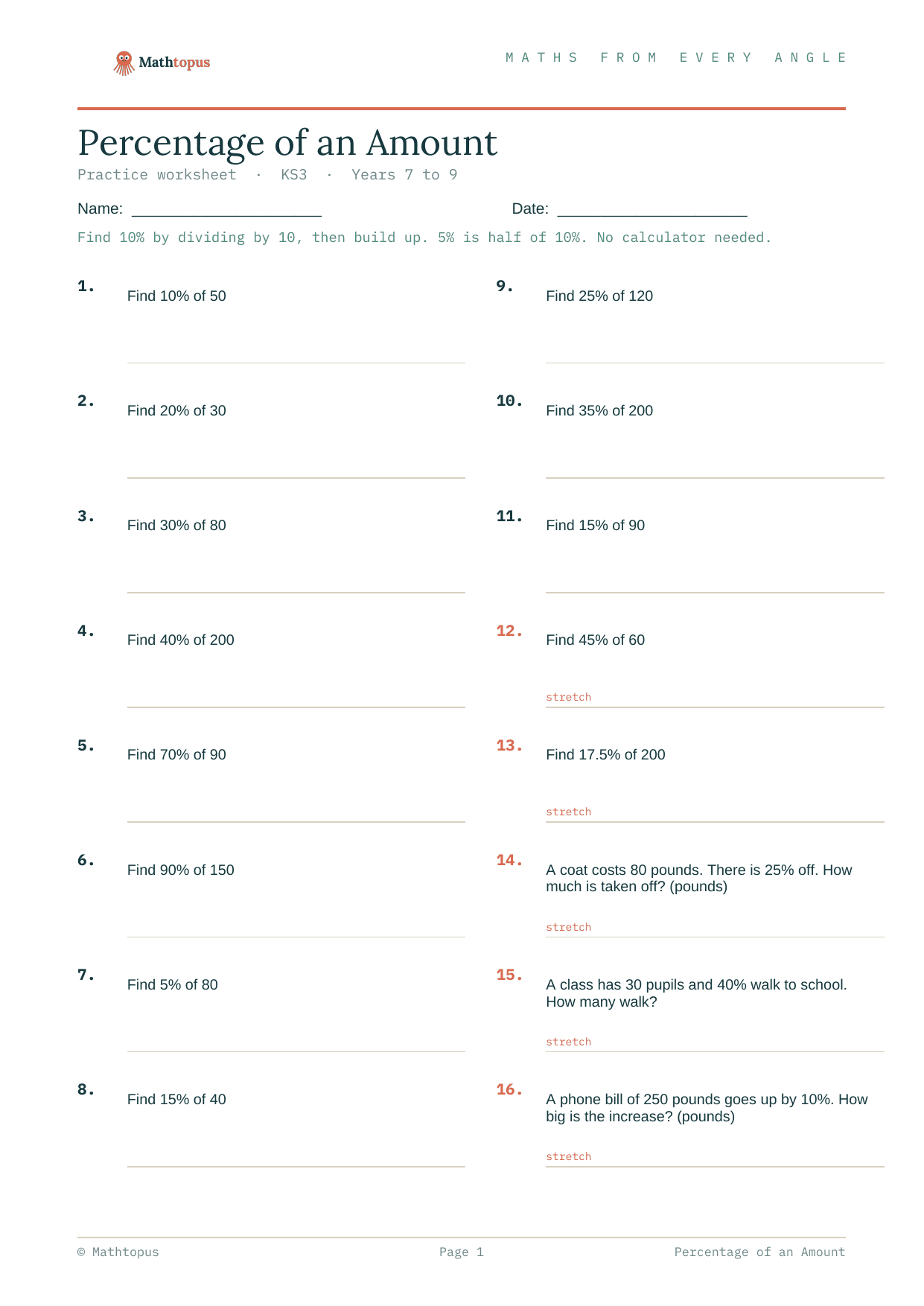 Preview of Percentage of an Amount — Free KS3 Worksheet