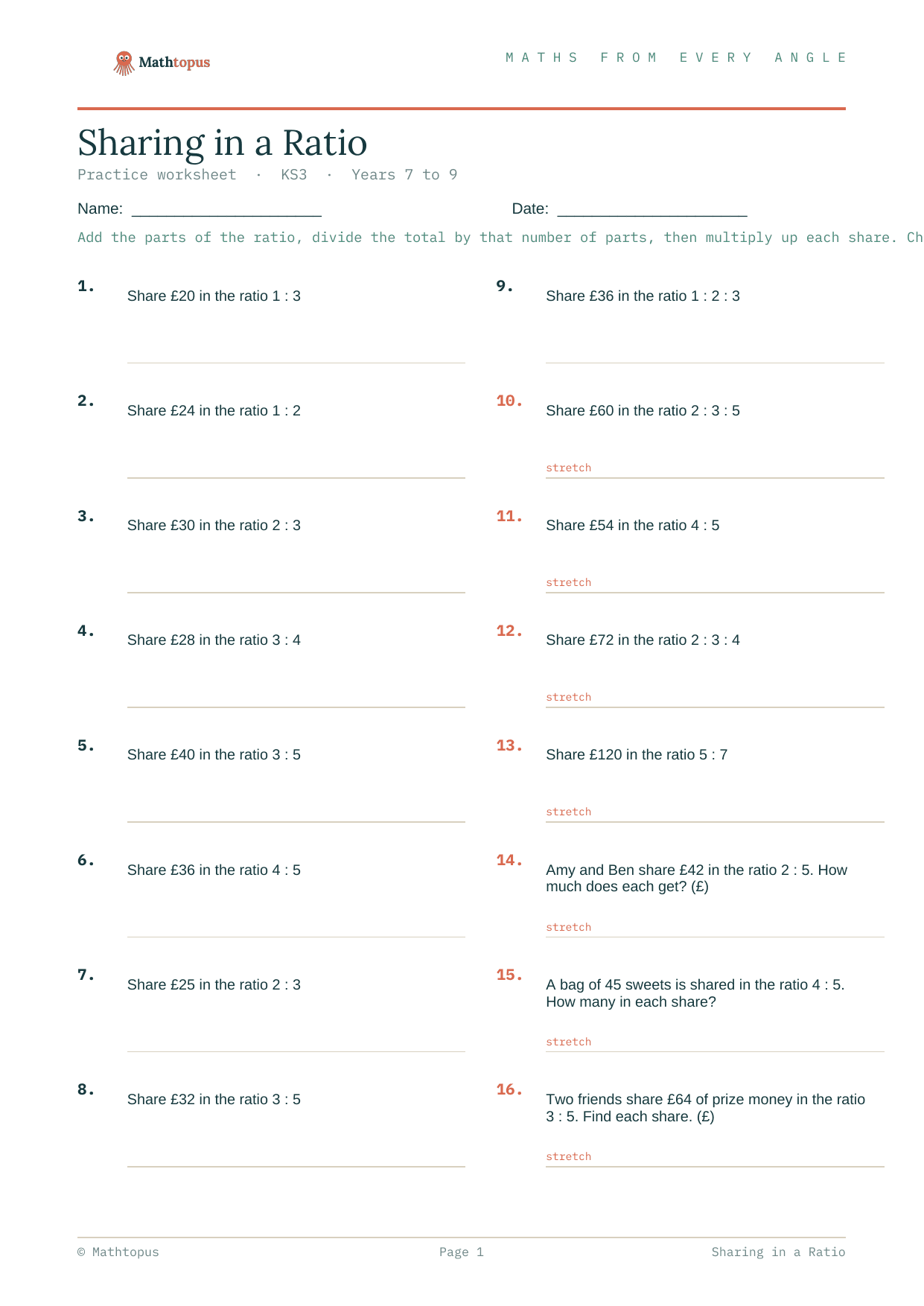 Preview of Sharing in a Ratio — Free KS3 Worksheet