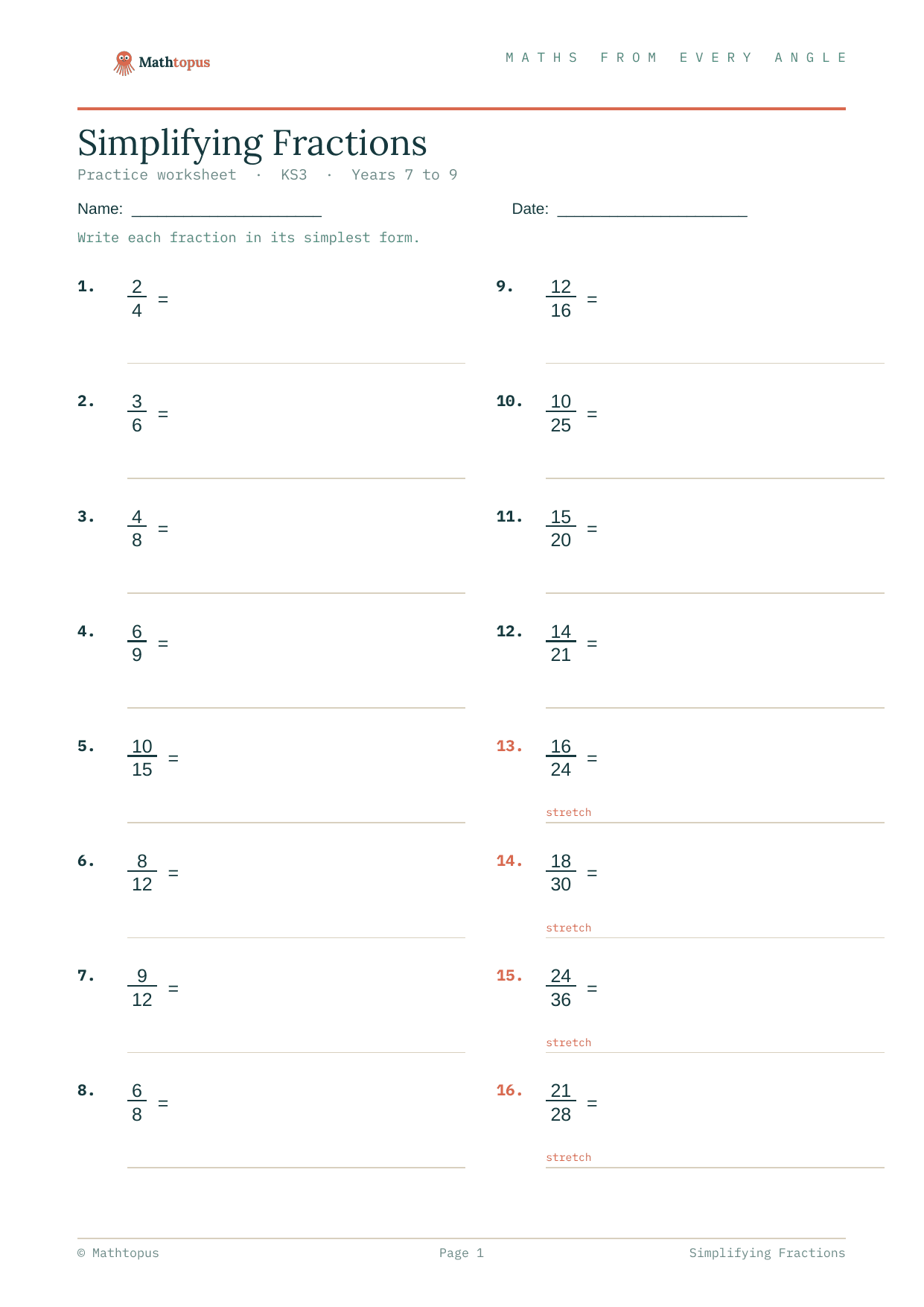 Preview of Simplifying Fractions — Free KS3 Worksheet