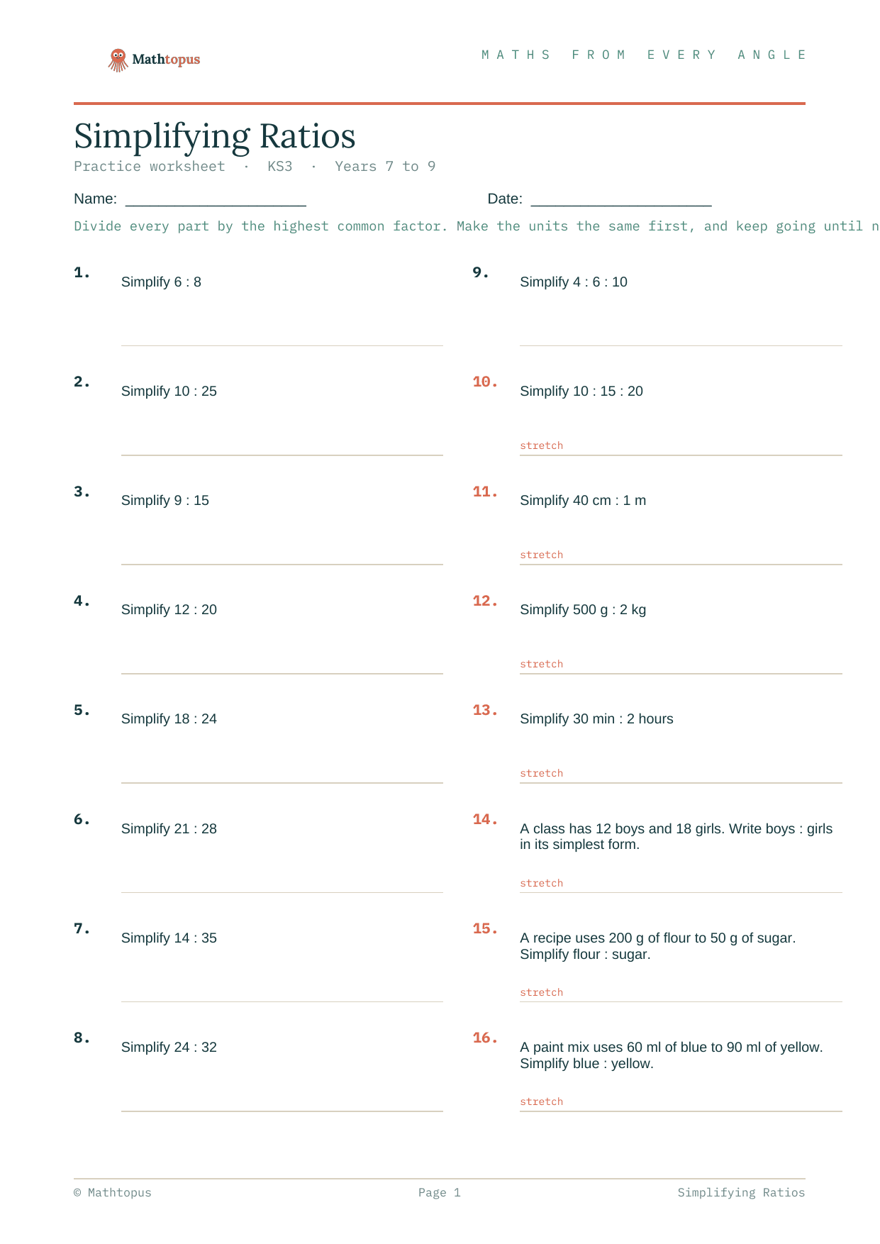 Preview of Simplifying Ratios — Free KS3 Worksheet