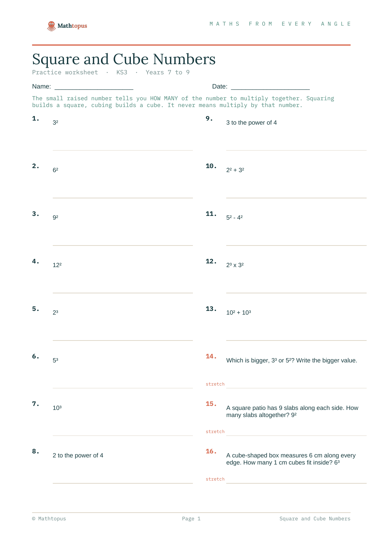 Preview of Square and Cube Numbers — Free KS3 Worksheet