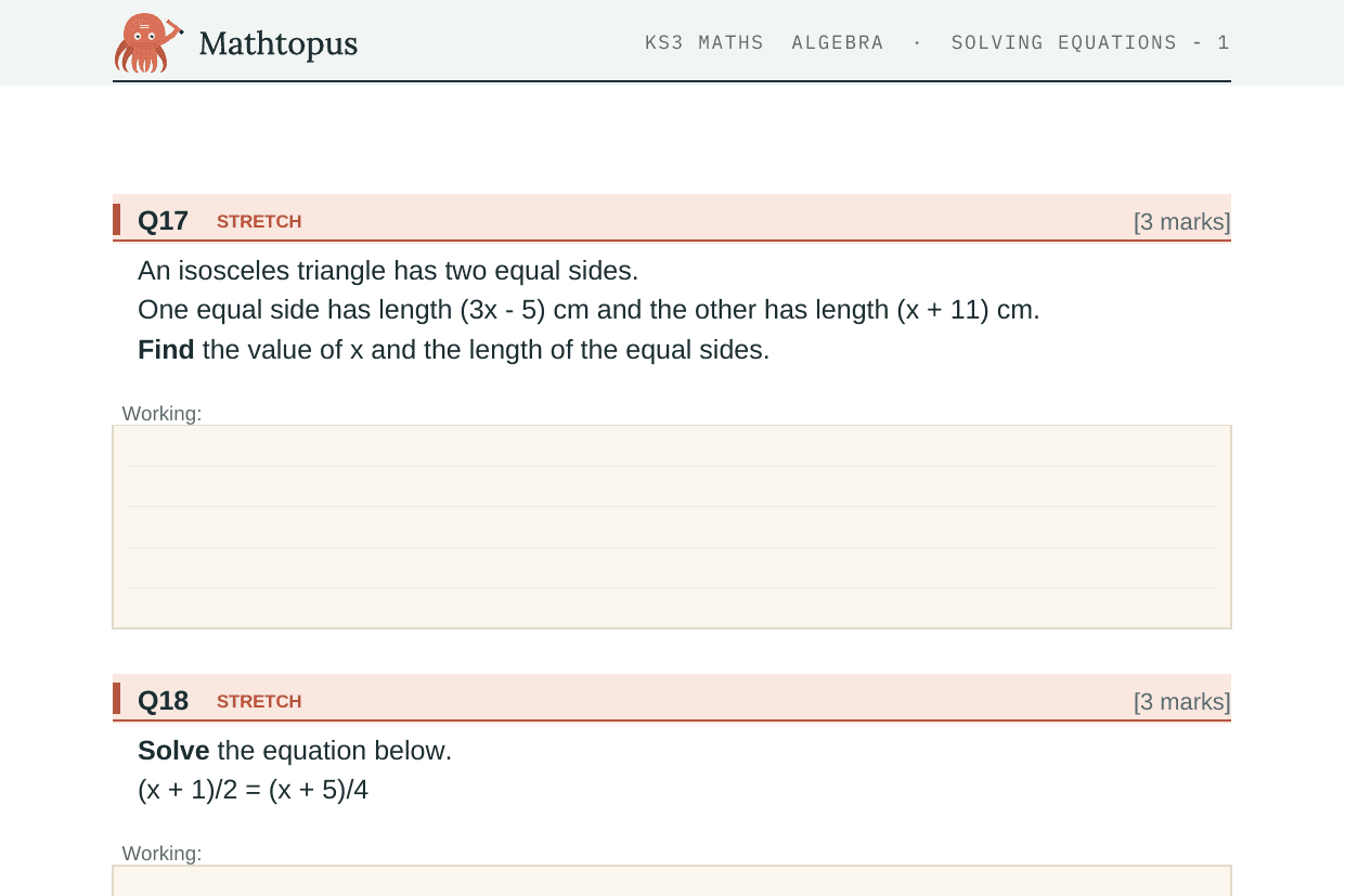 Preview of KS3 Solving Equations Test Paper with Mark Scheme