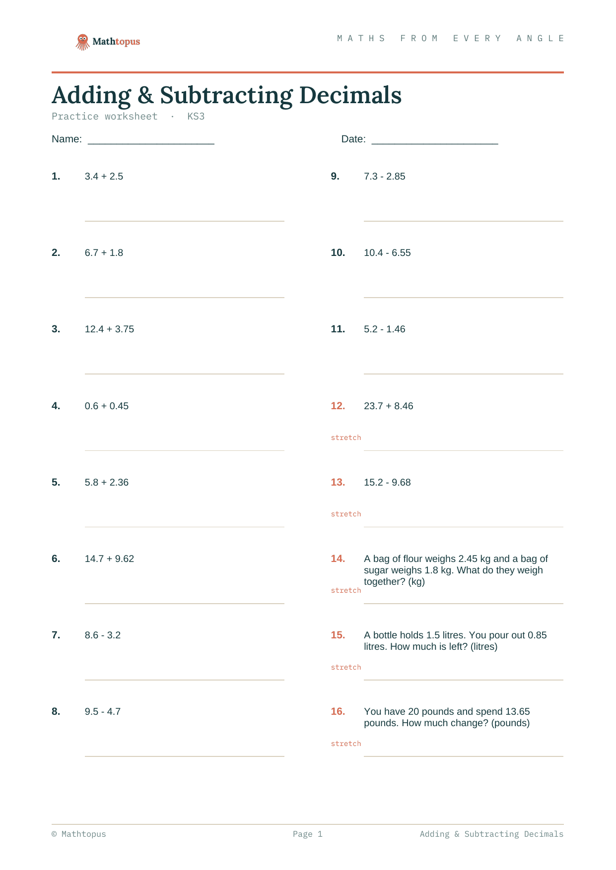 Preview of Adding & Subtracting Decimals — Free KS3 Worksheet