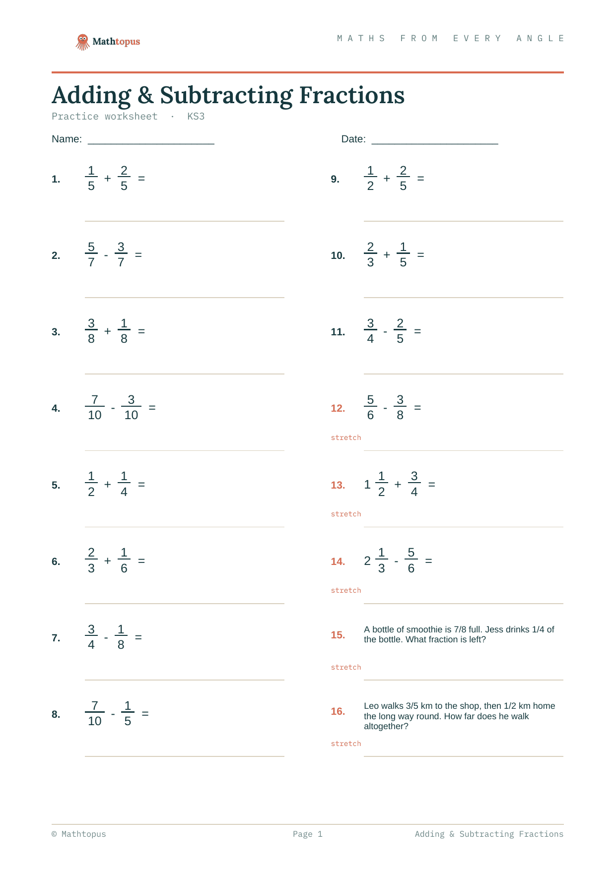 Preview of Adding & Subtracting Fractions — Free KS3 Worksheet