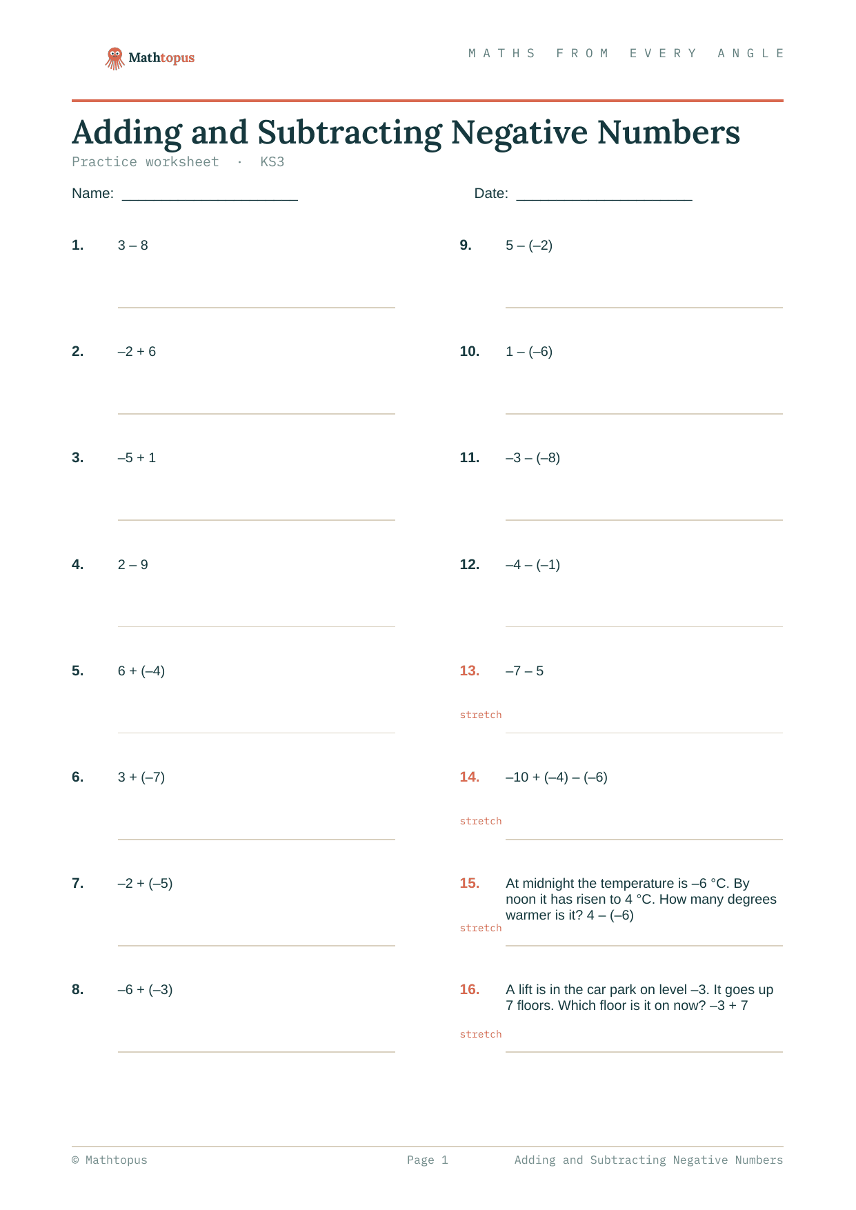Preview of Adding and Subtracting Negative Numbers — Free KS3 Worksheet