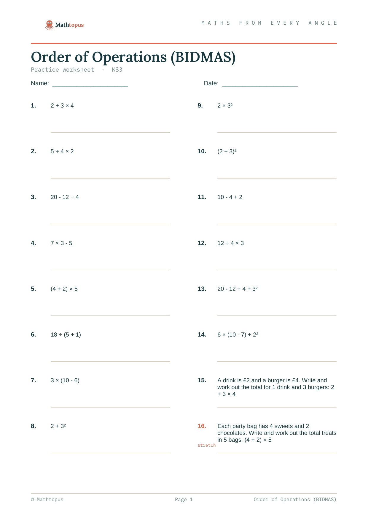 Preview of BIDMAS Practice — Free KS3 Order of Operations Worksheet
