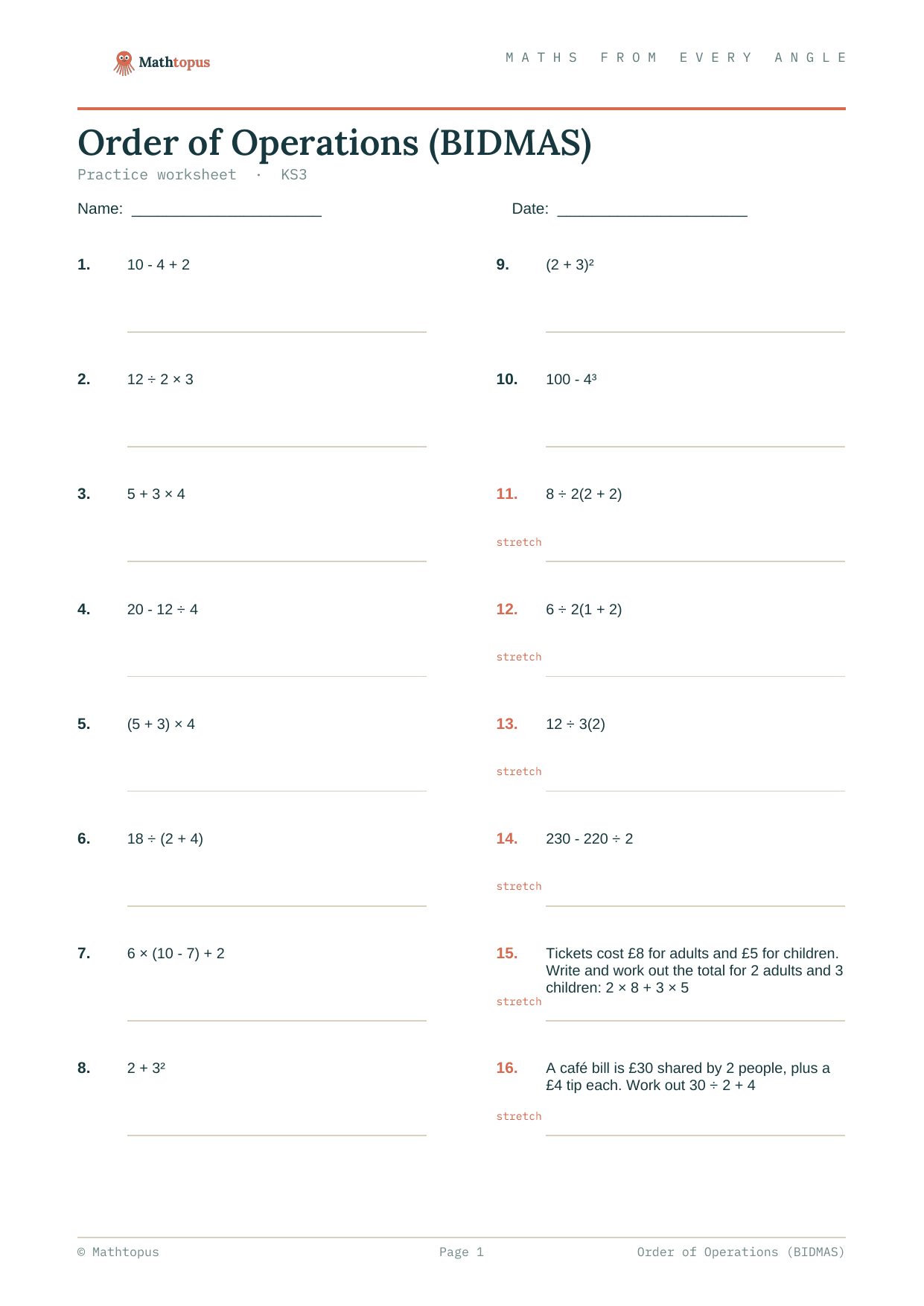 Preview of Order of Operations (BIDMAS) — Free KS3 Worksheet
