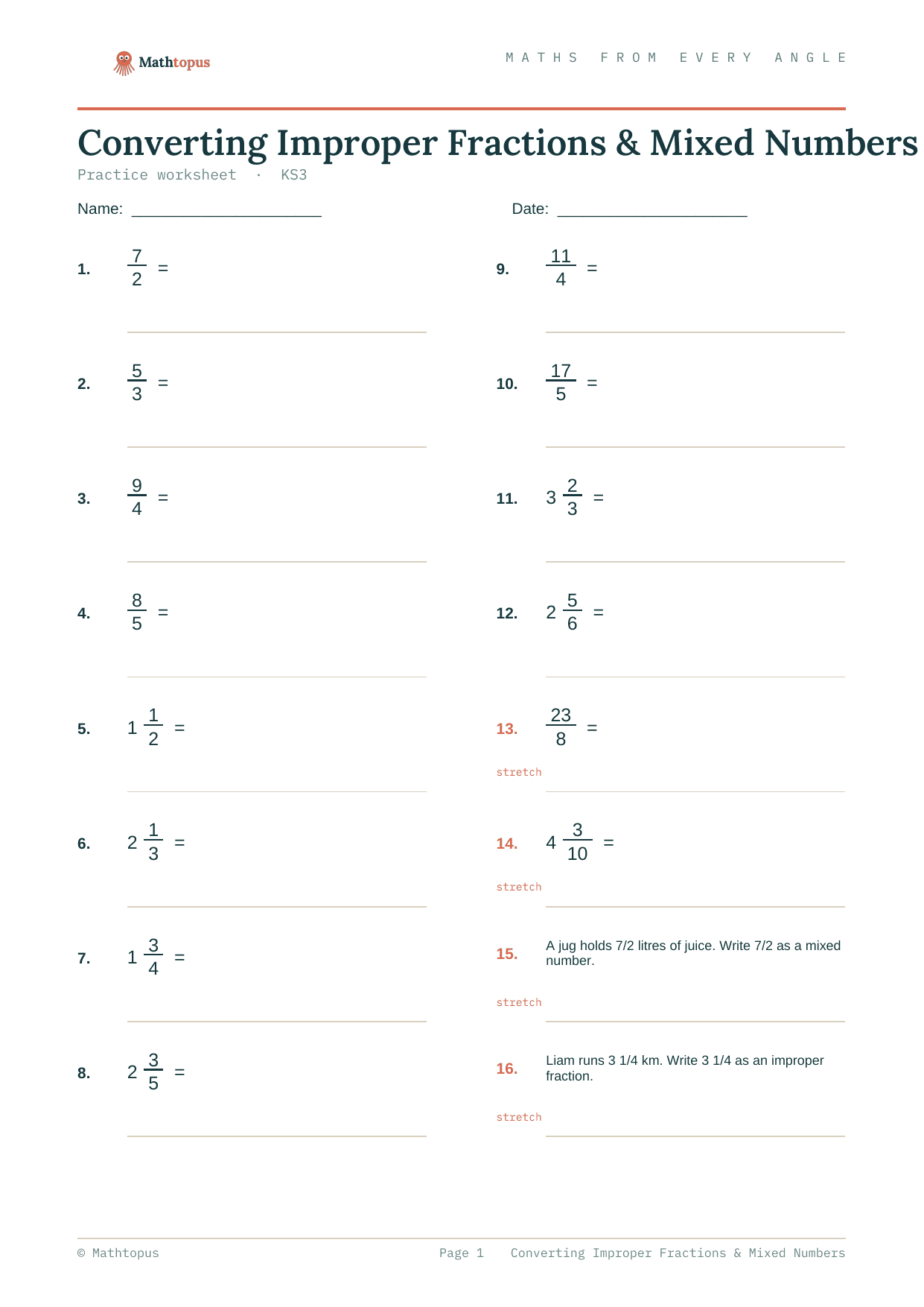 Preview of Converting Improper Fractions & Mixed Numbers — Free KS3 Worksheet