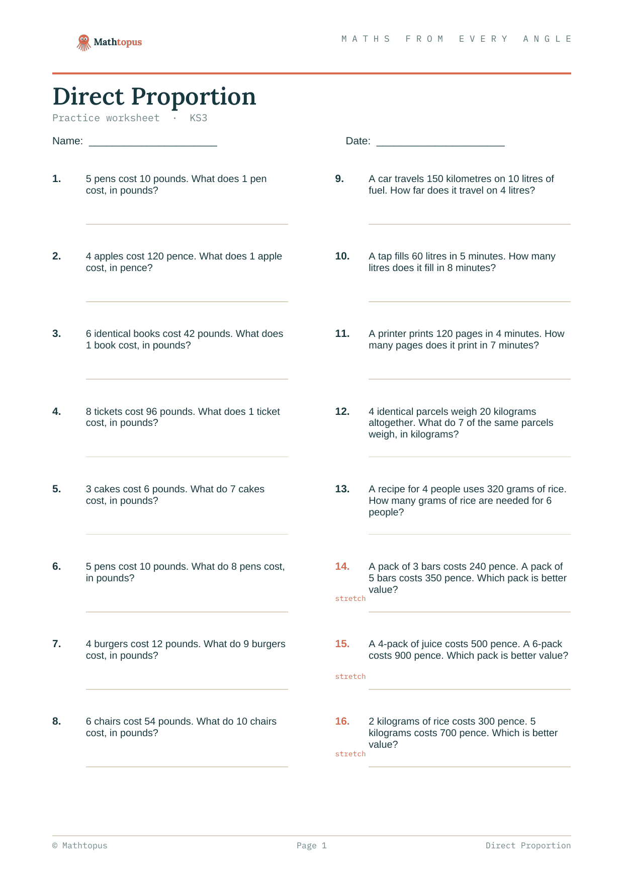 Preview of Direct Proportion — Free KS3 Worksheet