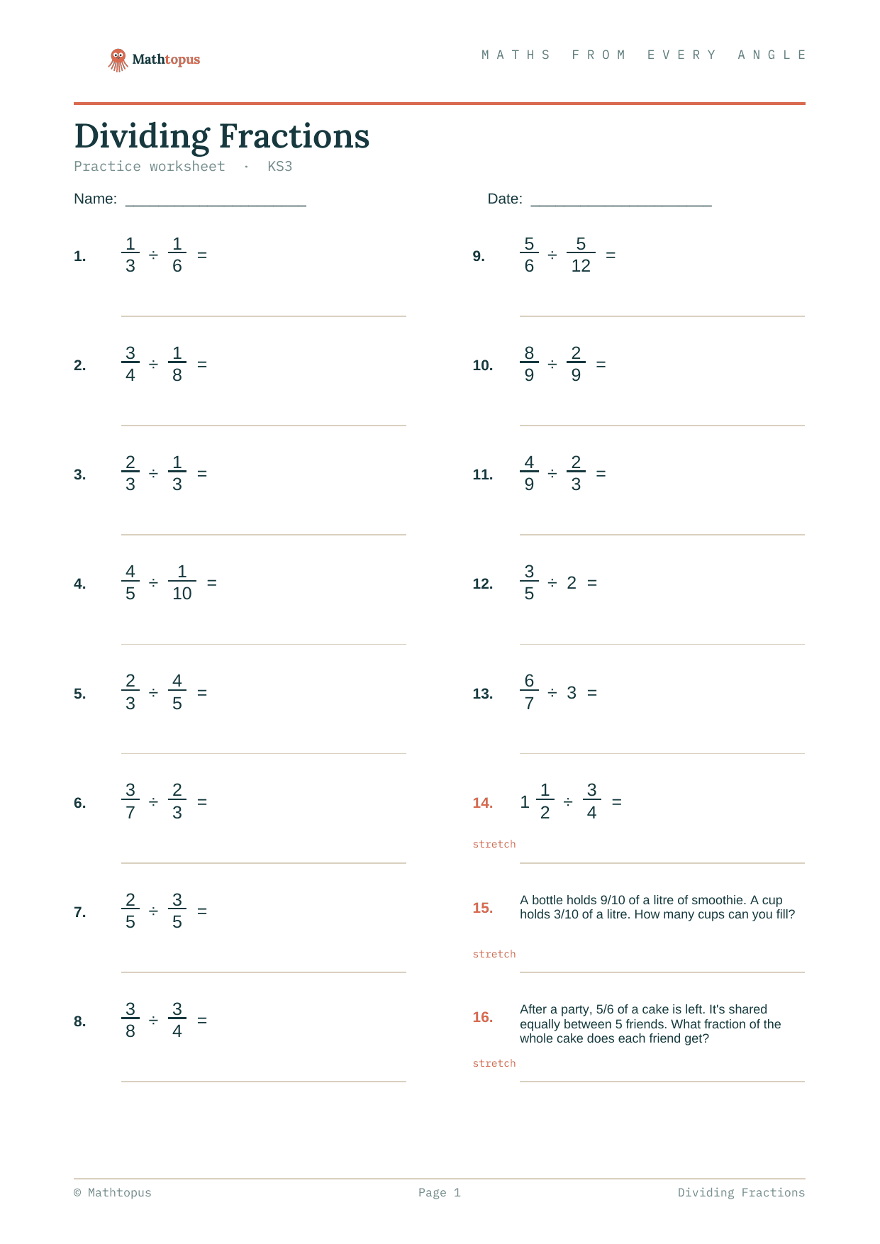 Preview of Dividing Fractions — Free KS3 Worksheet