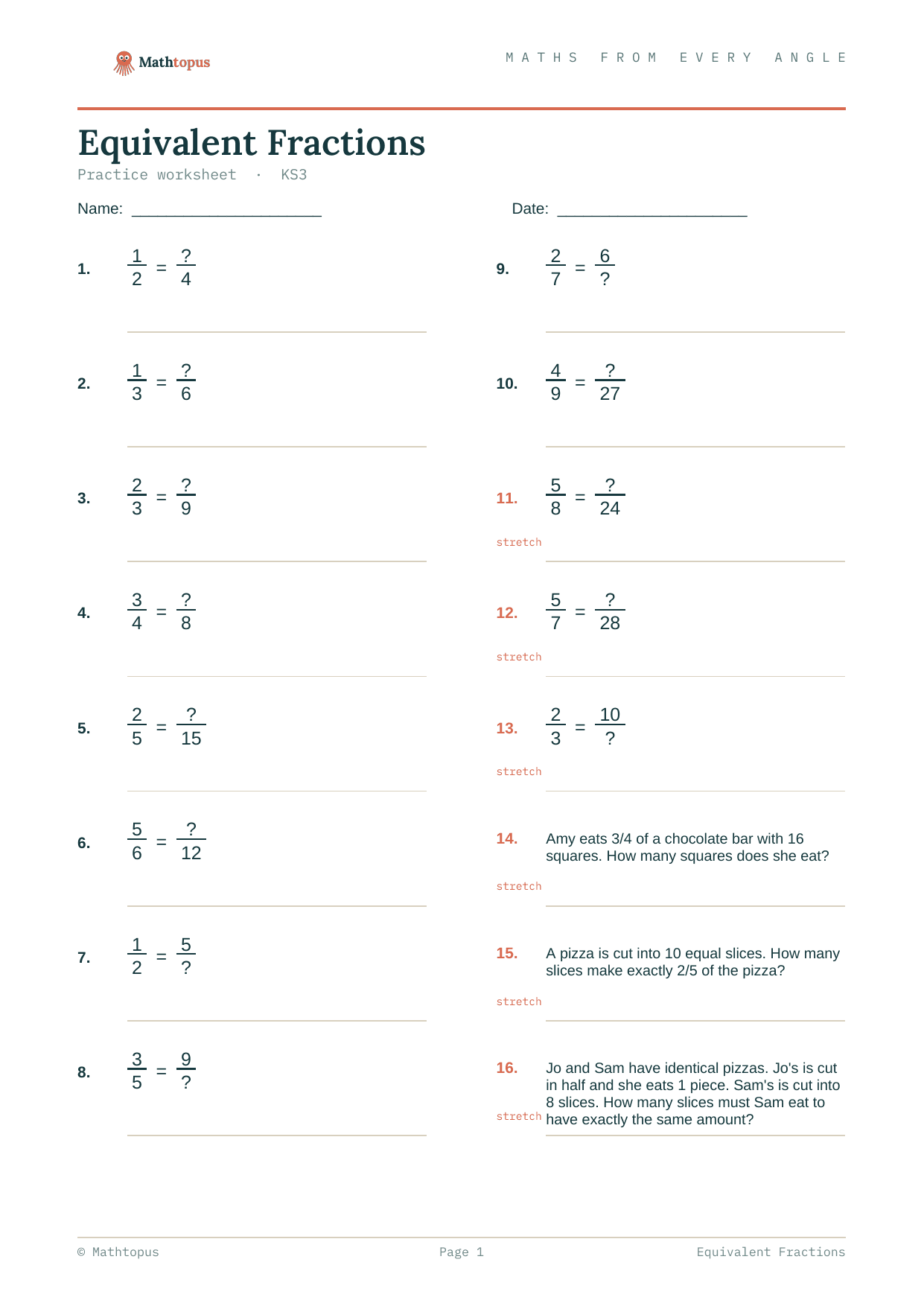 Preview of Equivalent Fractions — Free KS3 Worksheet