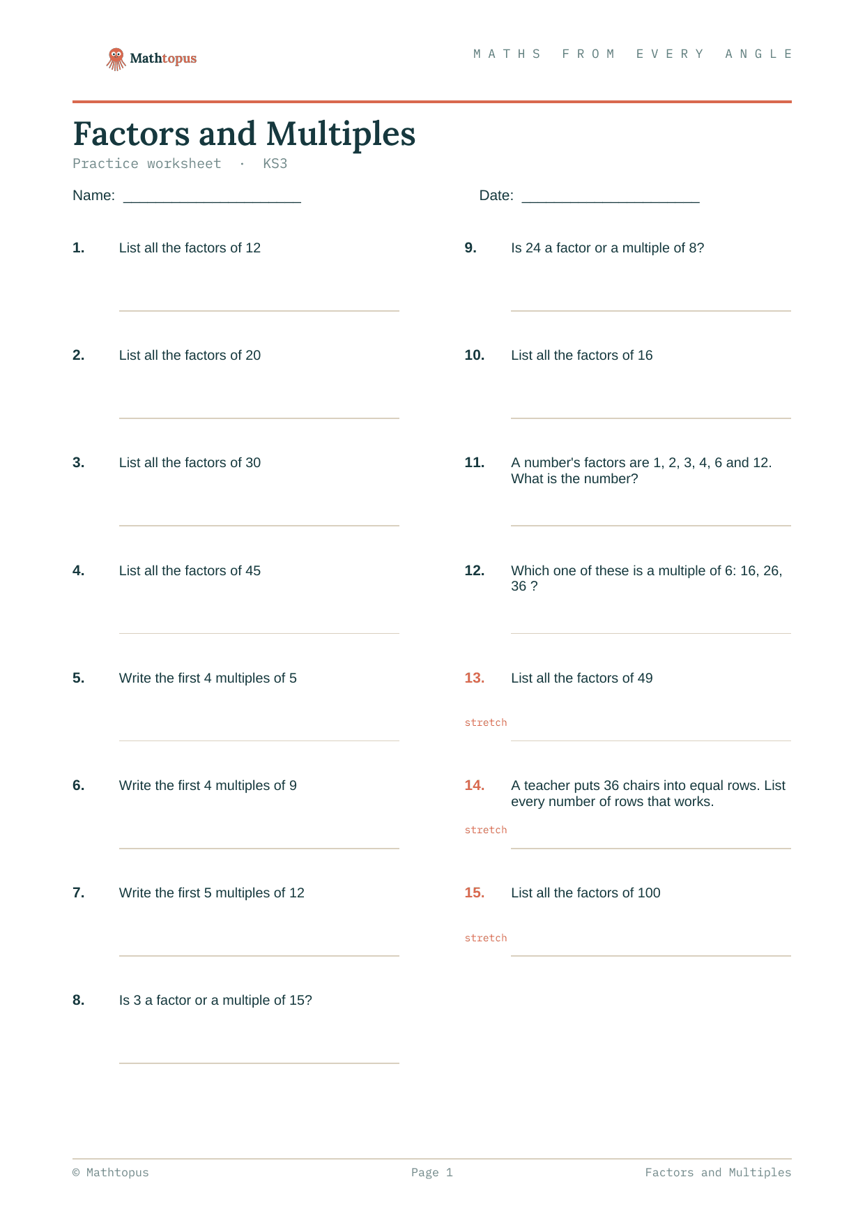 Preview of Factors and Multiples — Free KS3 Worksheet