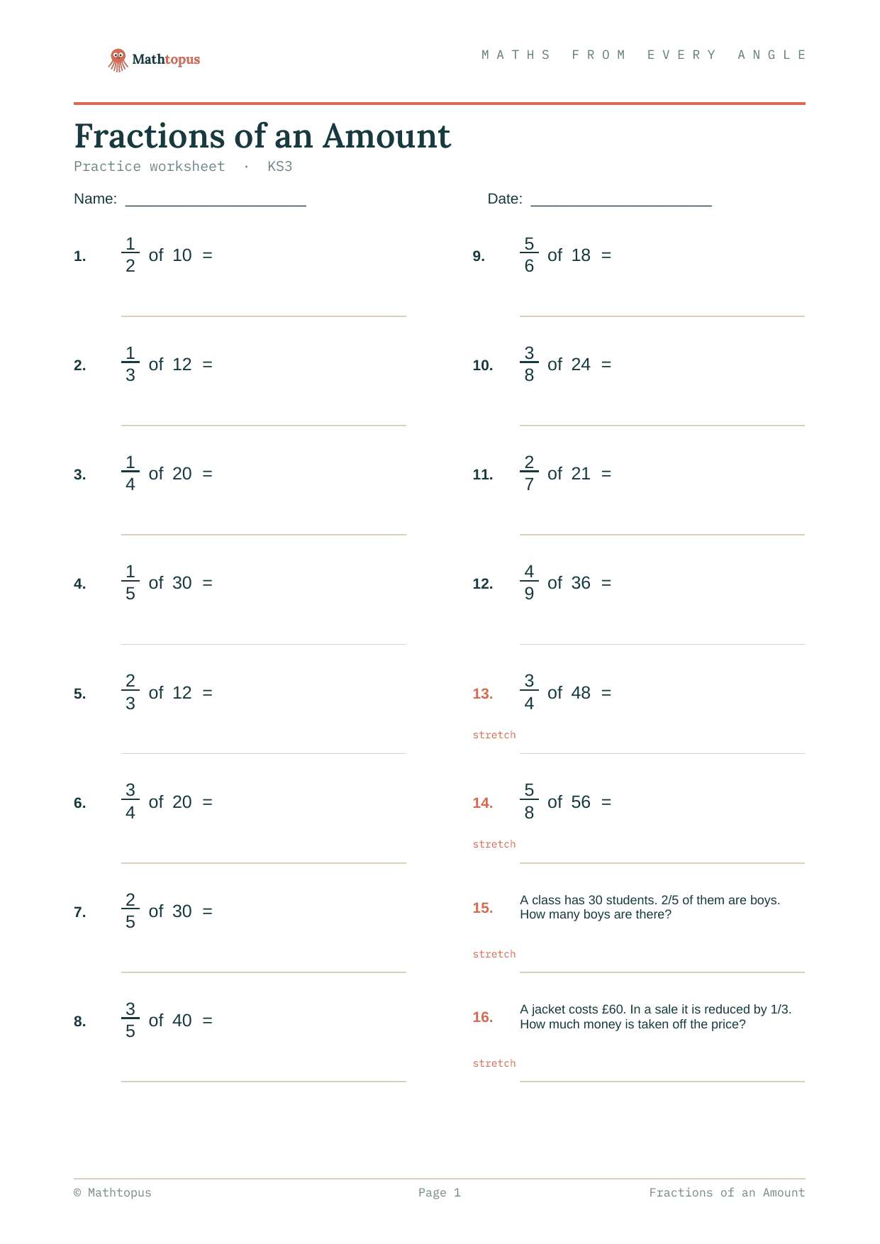 Preview of Fractions of an Amount — Free KS3 Worksheet