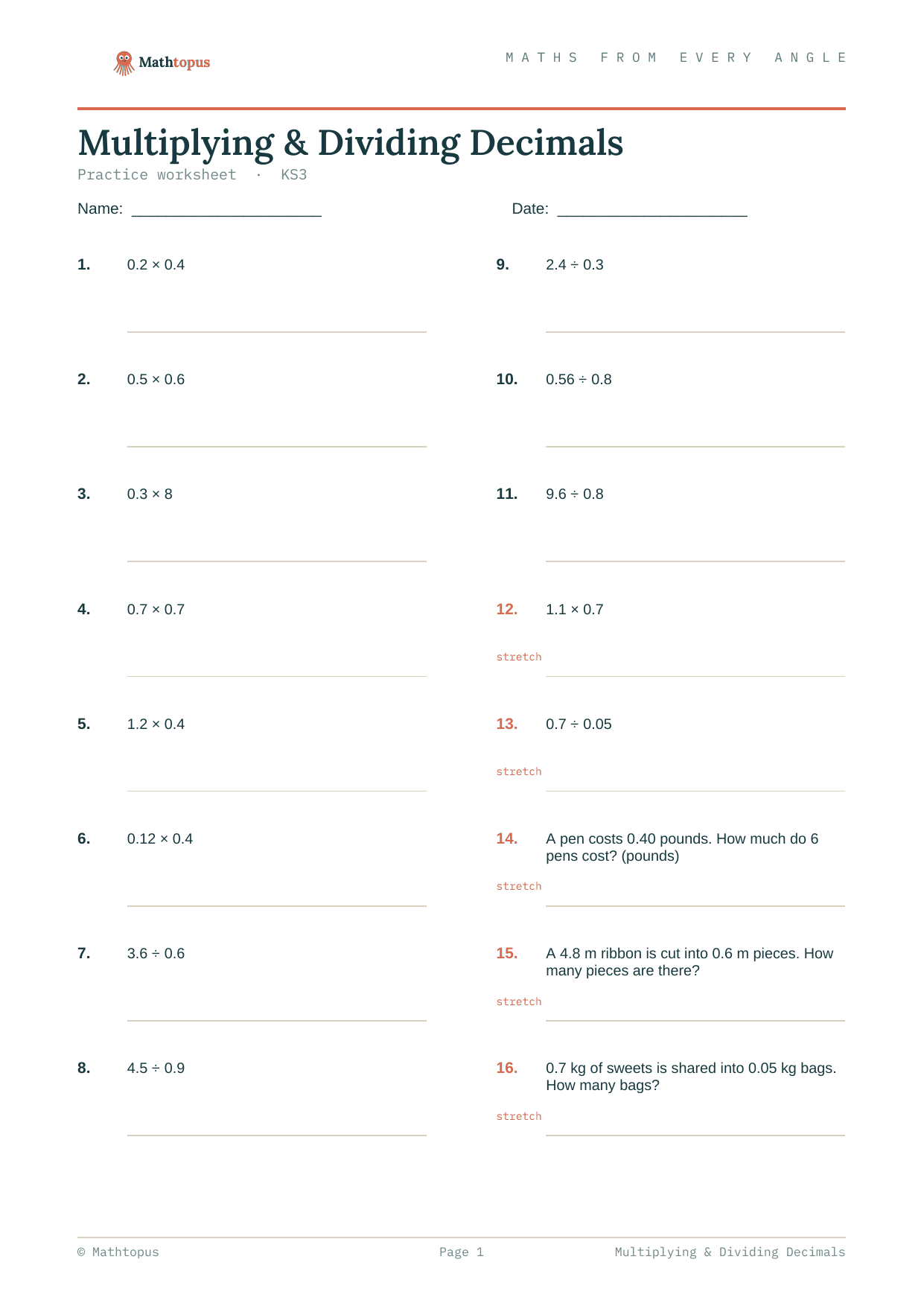 Preview of Multiplying & Dividing Decimals — Free KS3 Worksheet