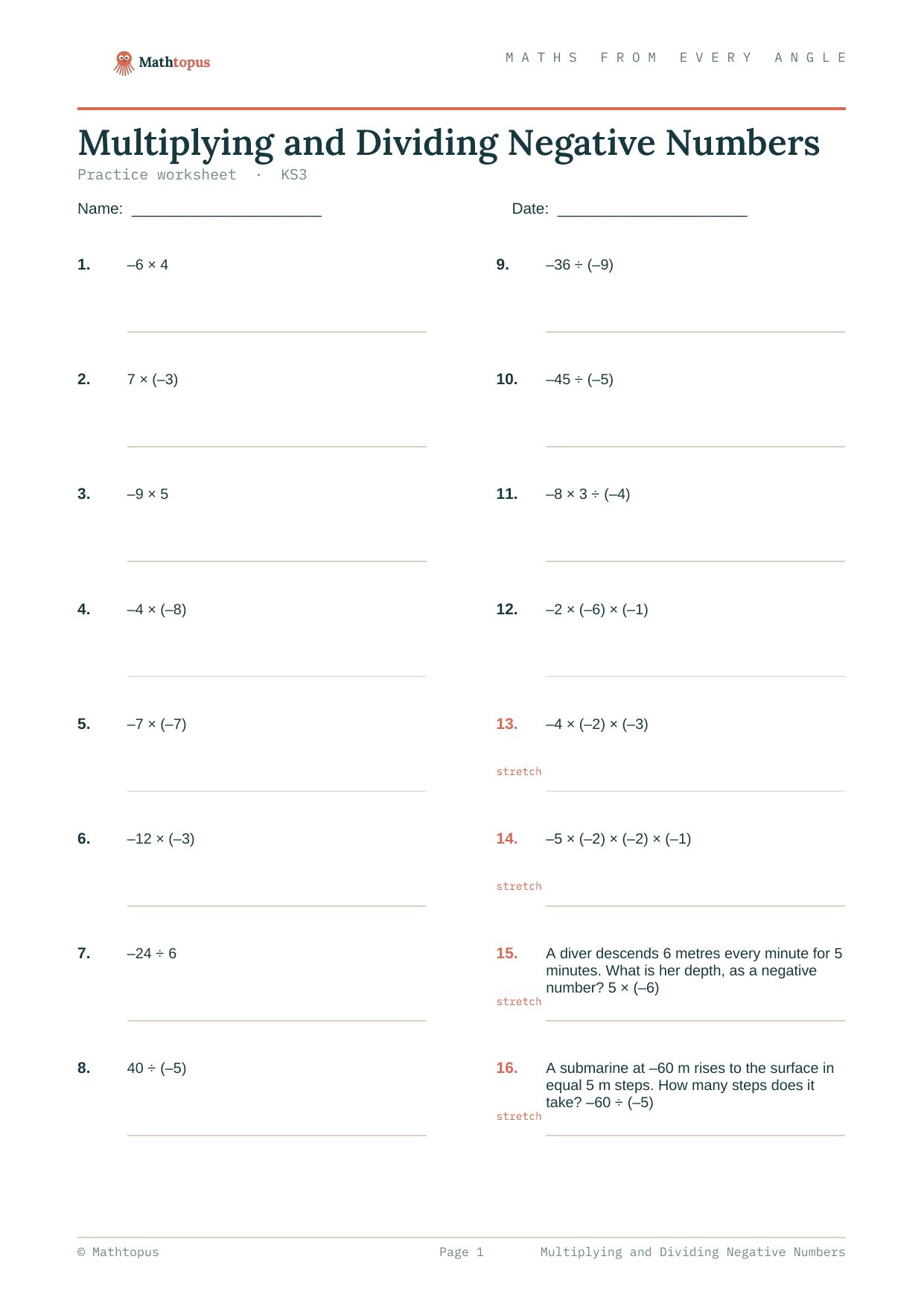 Preview of Multiplying and Dividing Negative Numbers — Free KS3 Worksheet