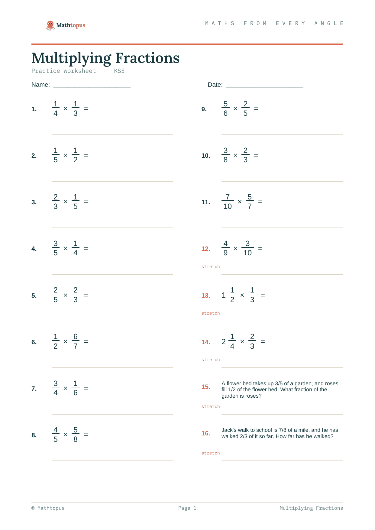 Preview of Multiplying Fractions — Free KS3 Worksheet