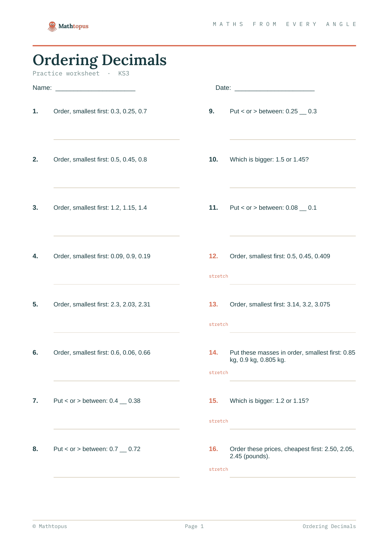 Preview of Ordering Decimals & Place Value — Free KS3 Worksheet