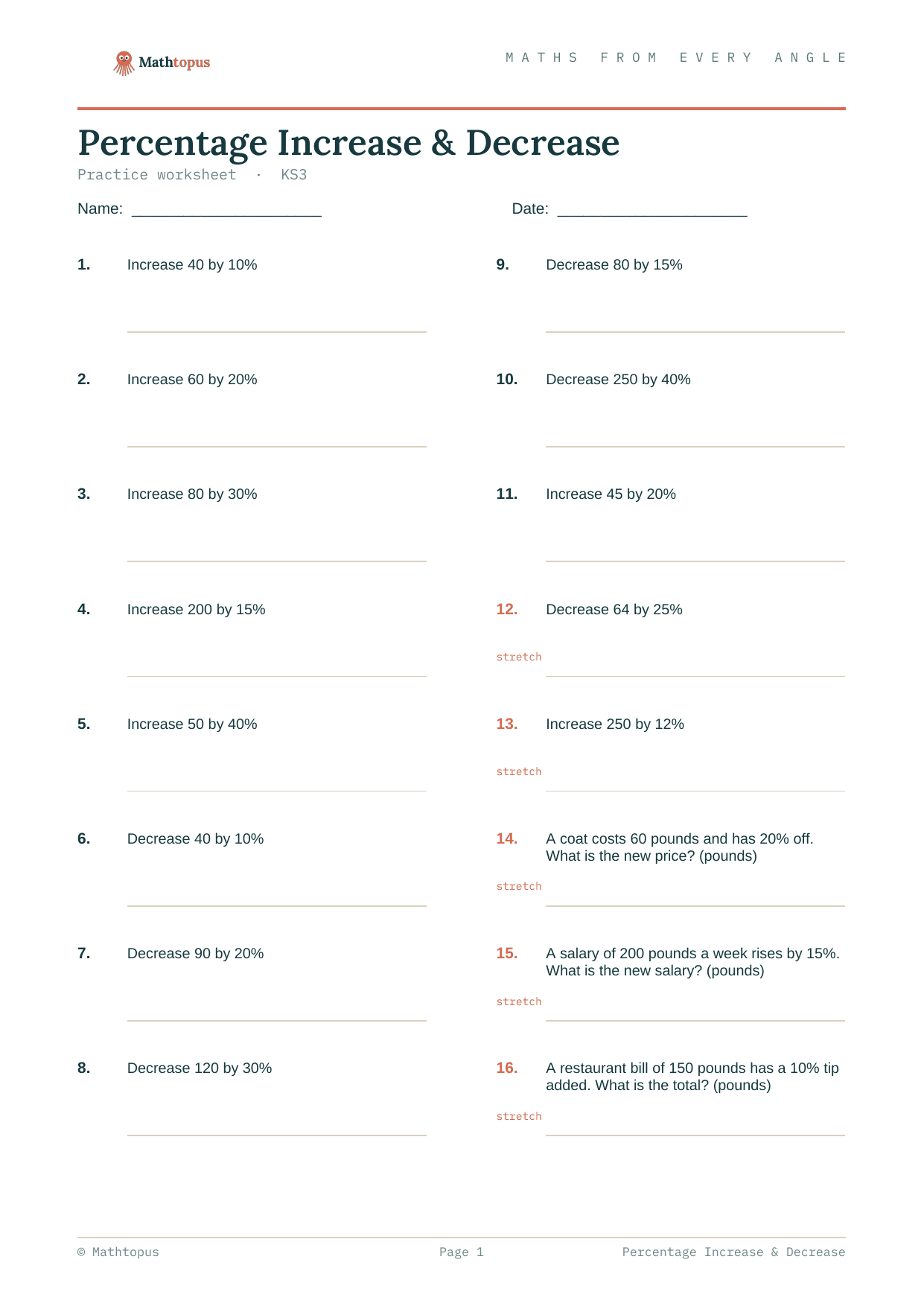 Preview of Percentage Increase & Decrease — Free KS3 Worksheet