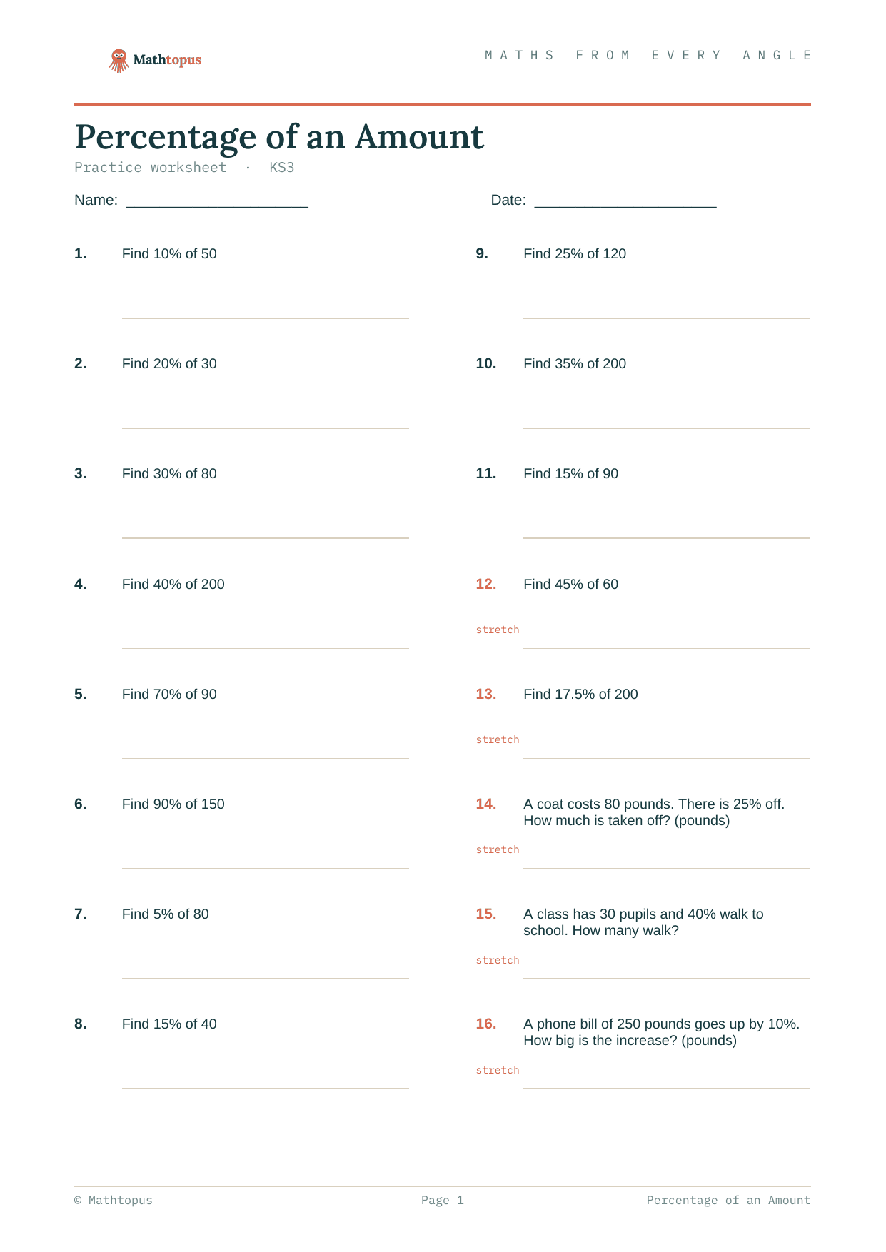 Preview of Percentage of an Amount — Free KS3 Worksheet