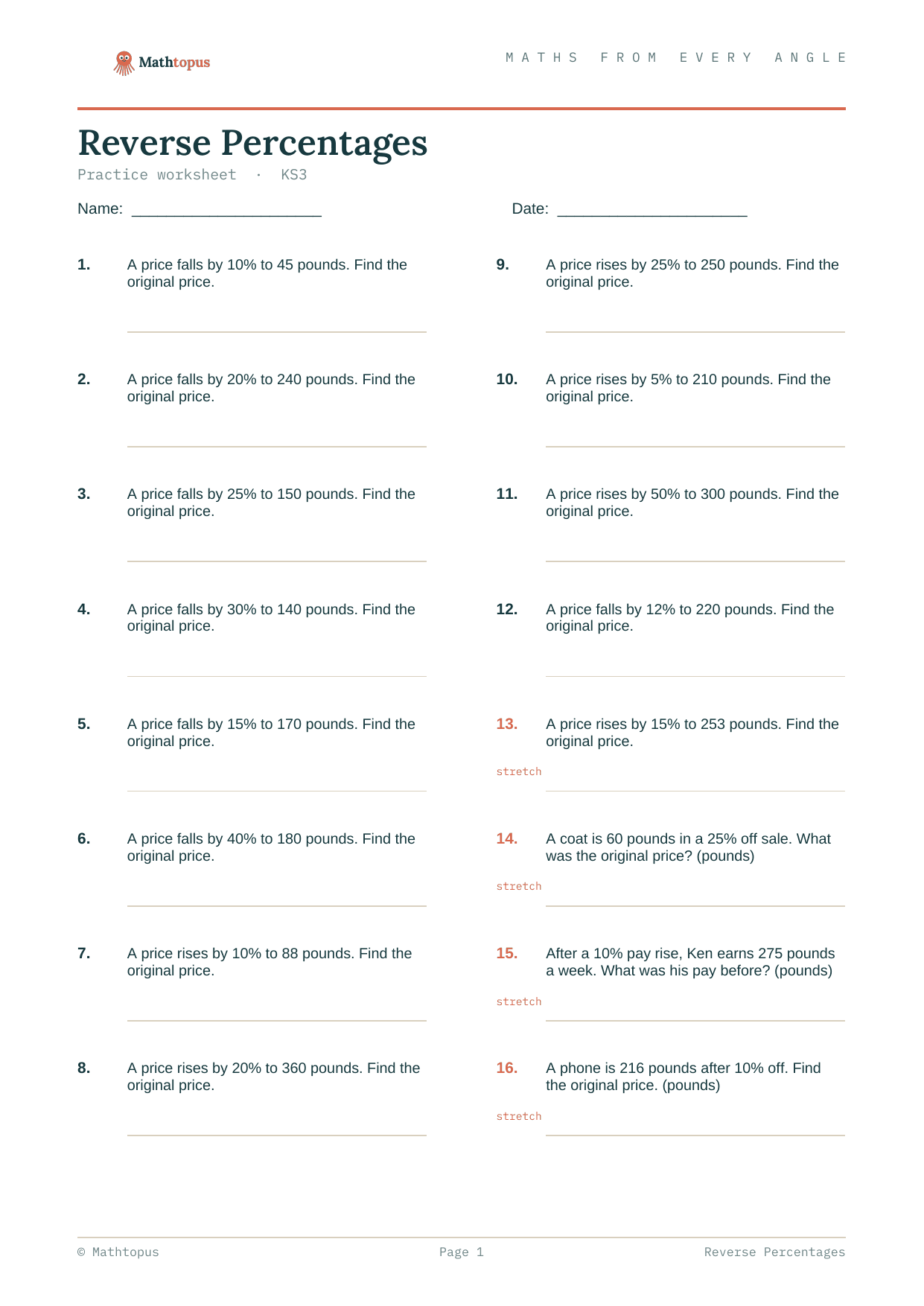 Preview of Reverse Percentages — Free KS3 Worksheet