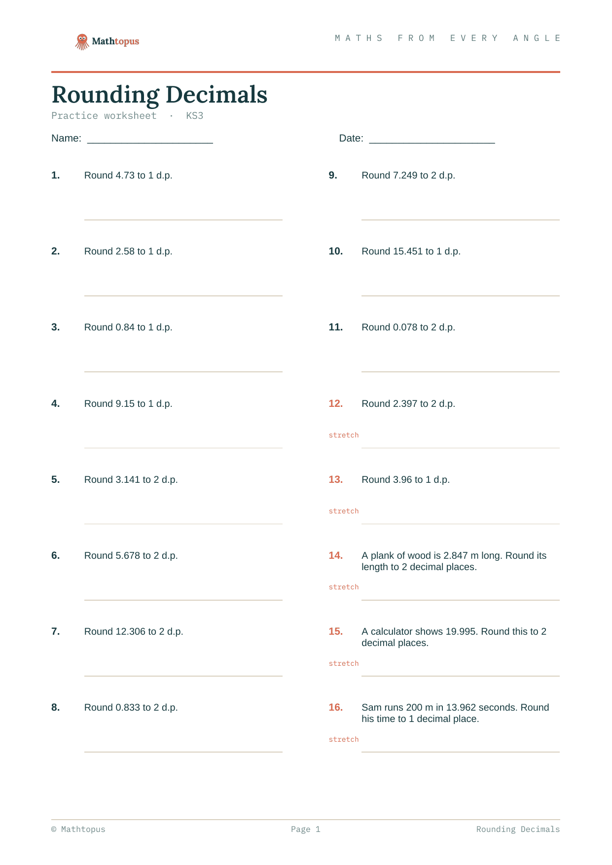 Preview of Rounding Decimals to Decimal Places — Free KS3 Worksheet