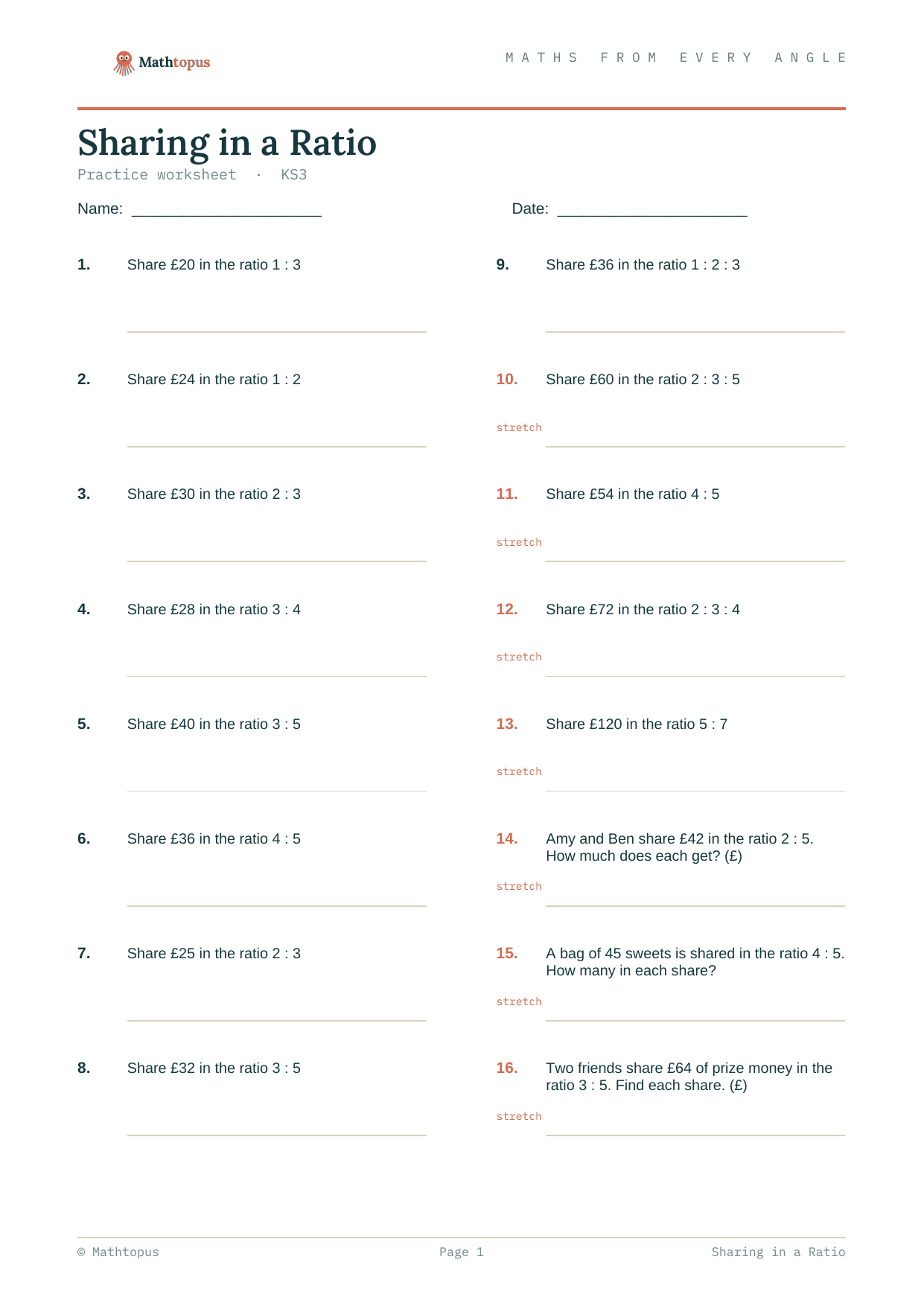 Preview of Sharing in a Ratio — Free KS3 Worksheet