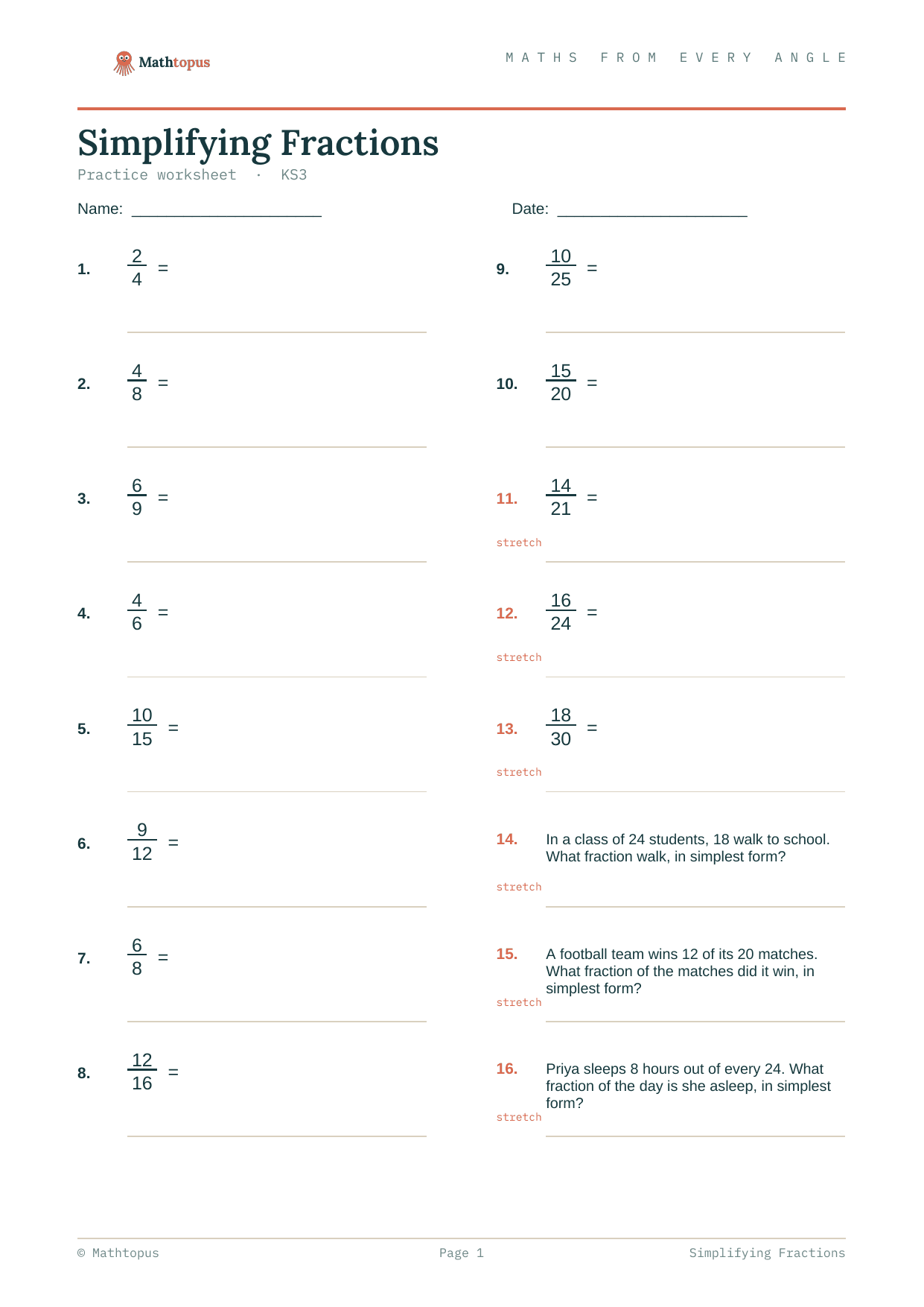 Preview of Simplifying Fractions — Free KS3 Worksheet