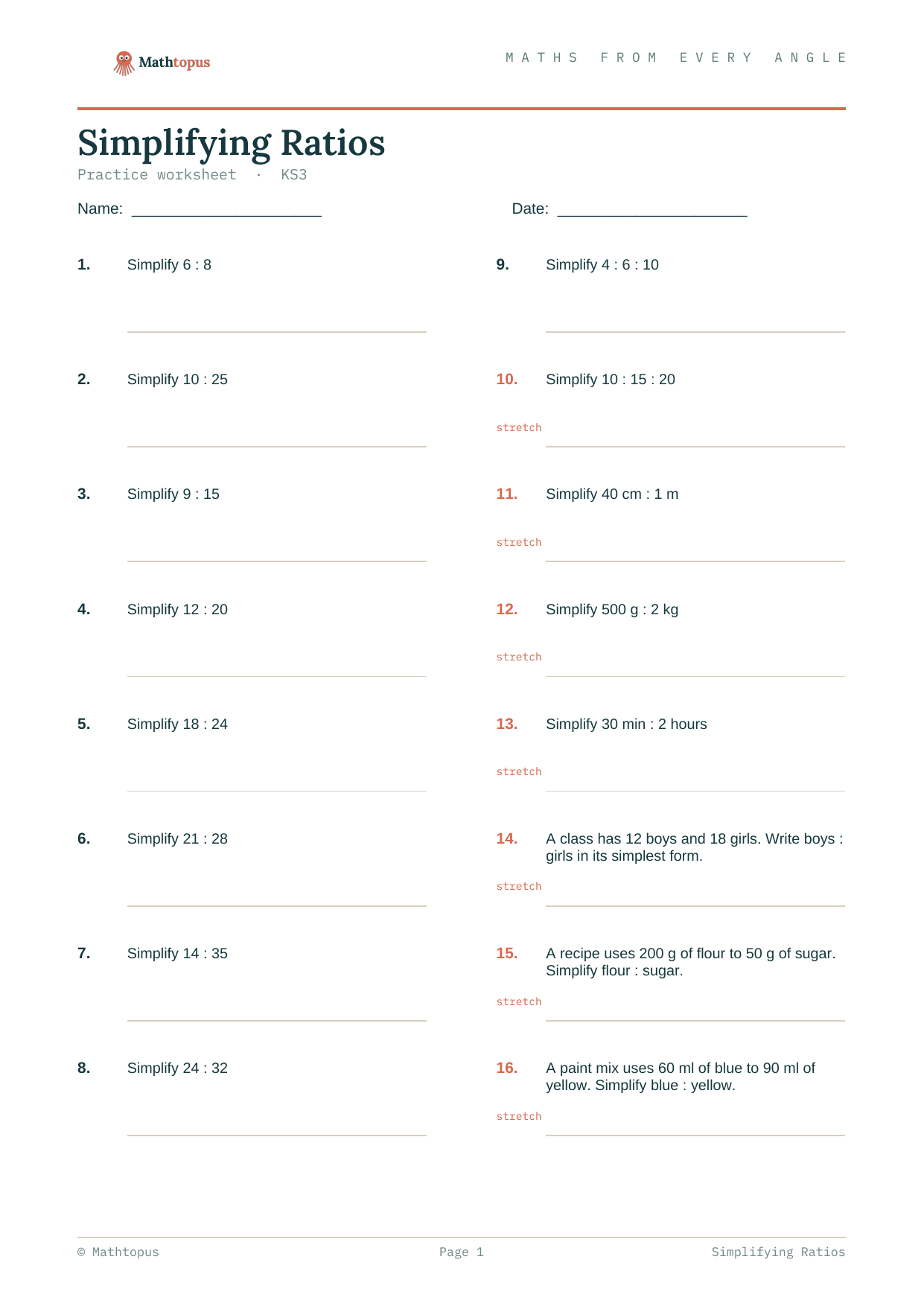 Preview of Simplifying Ratios — Free KS3 Worksheet