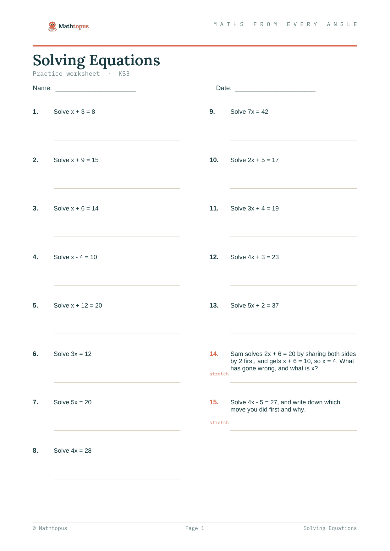 Preview of Solving Equations — Free KS3 Worksheet