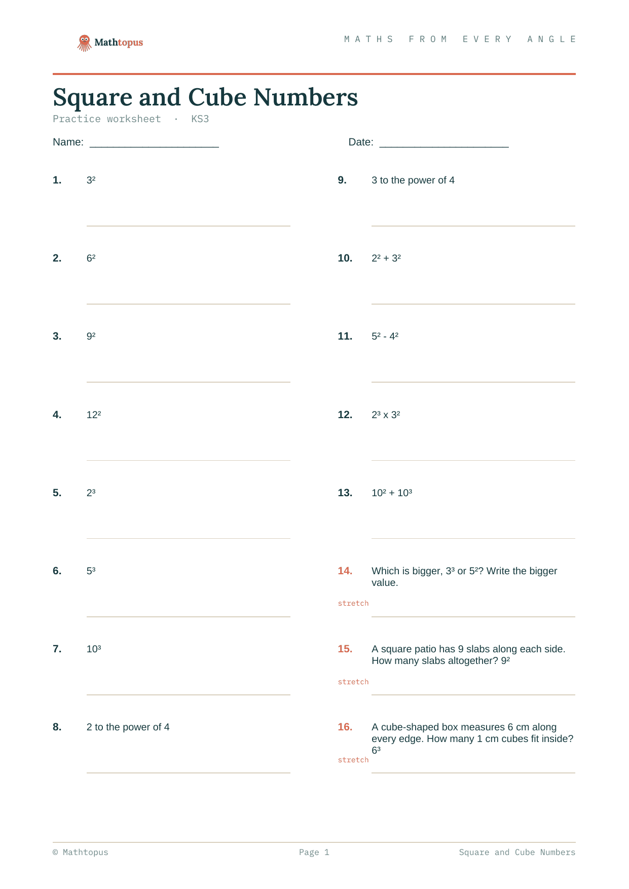 Preview of Square and Cube Numbers — Free KS3 Worksheet