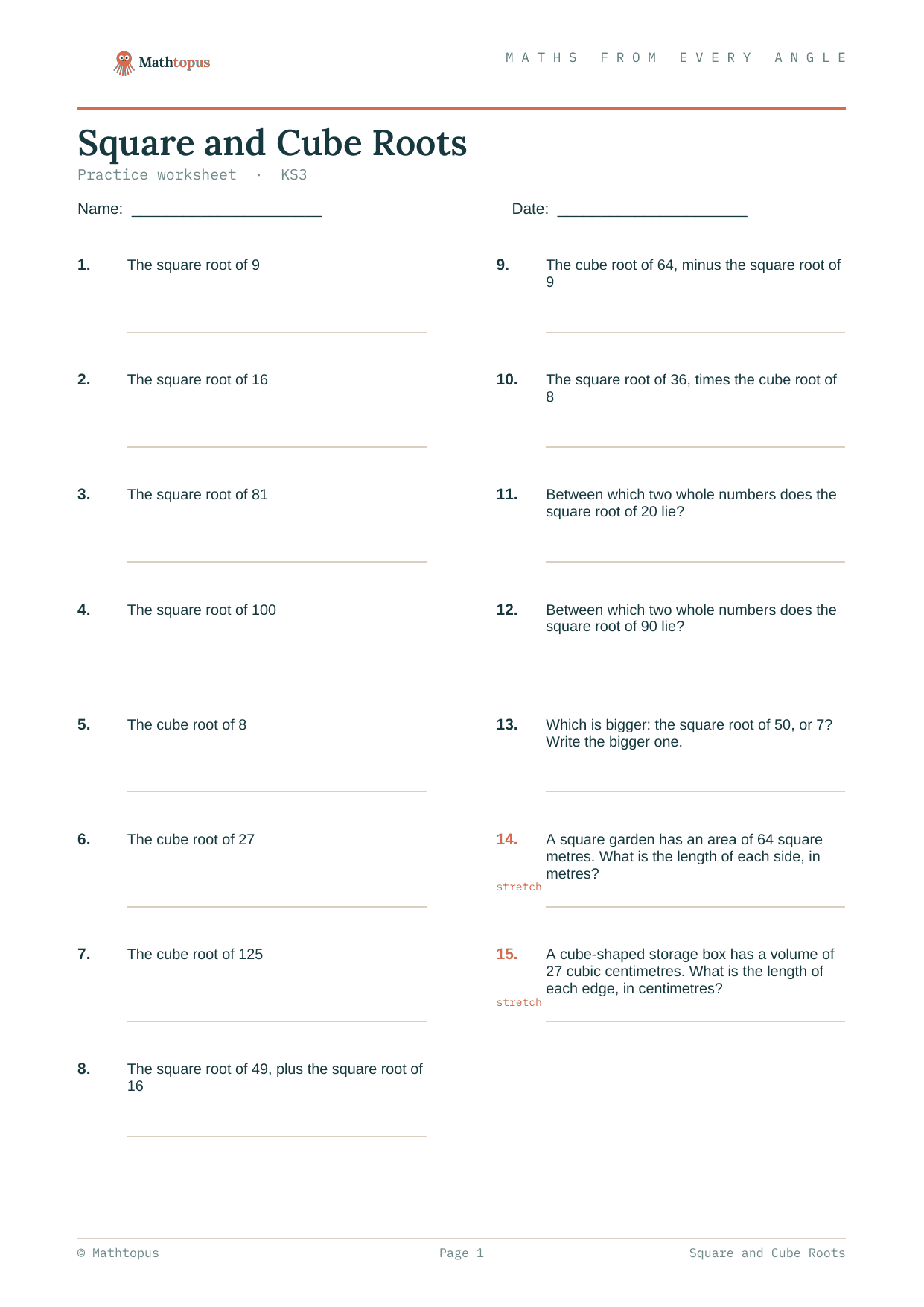 Preview of Square and Cube Roots — Free KS3 Worksheet