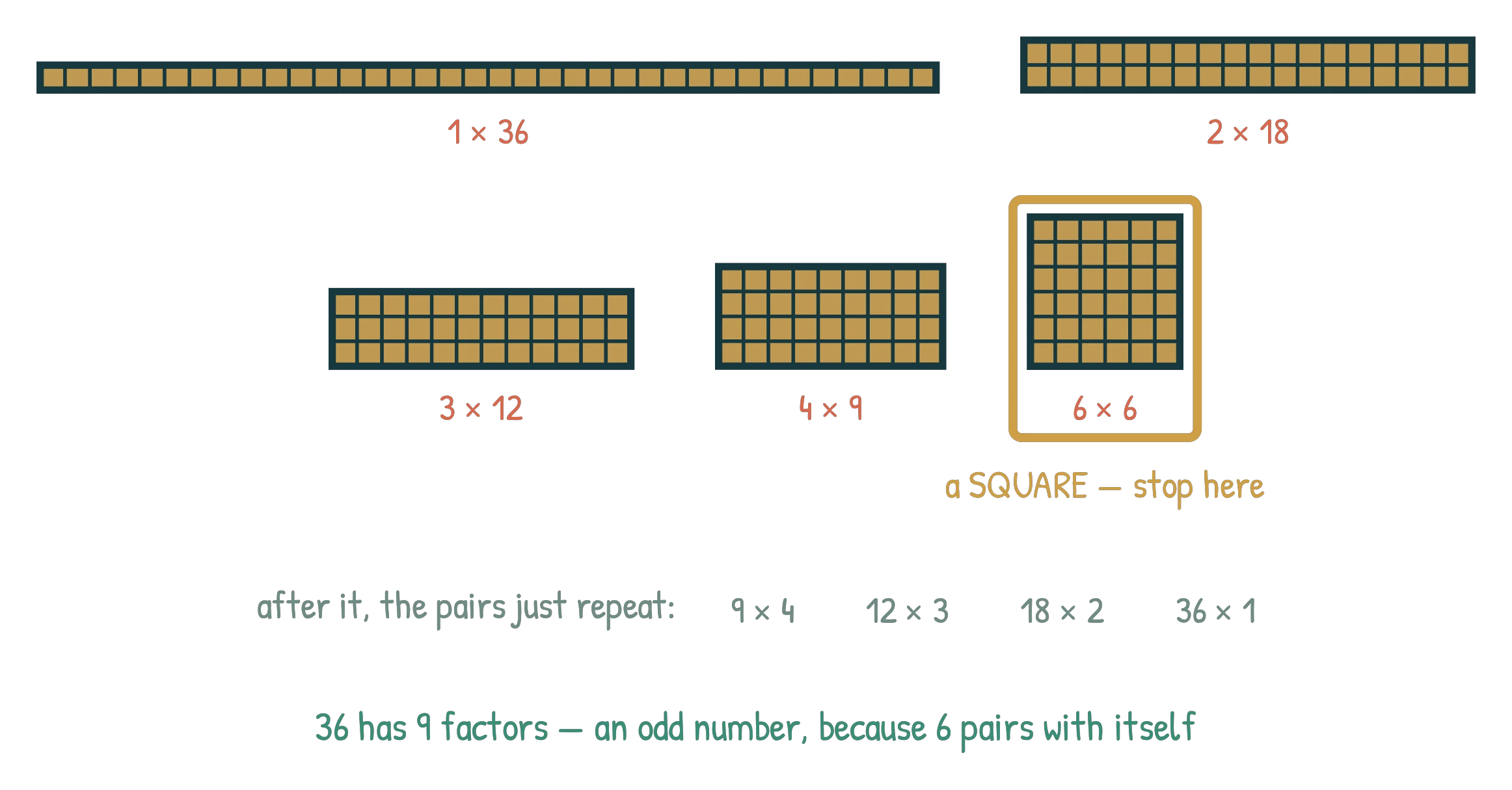 The five rectangles that can be built from 36 tiles, with the 6 by 6 square ringed and labelled 'stop here', and the remaining pairs 9 by 4, 12 by 3, 18 by 2 and 36 by 1 shown faded as repeats