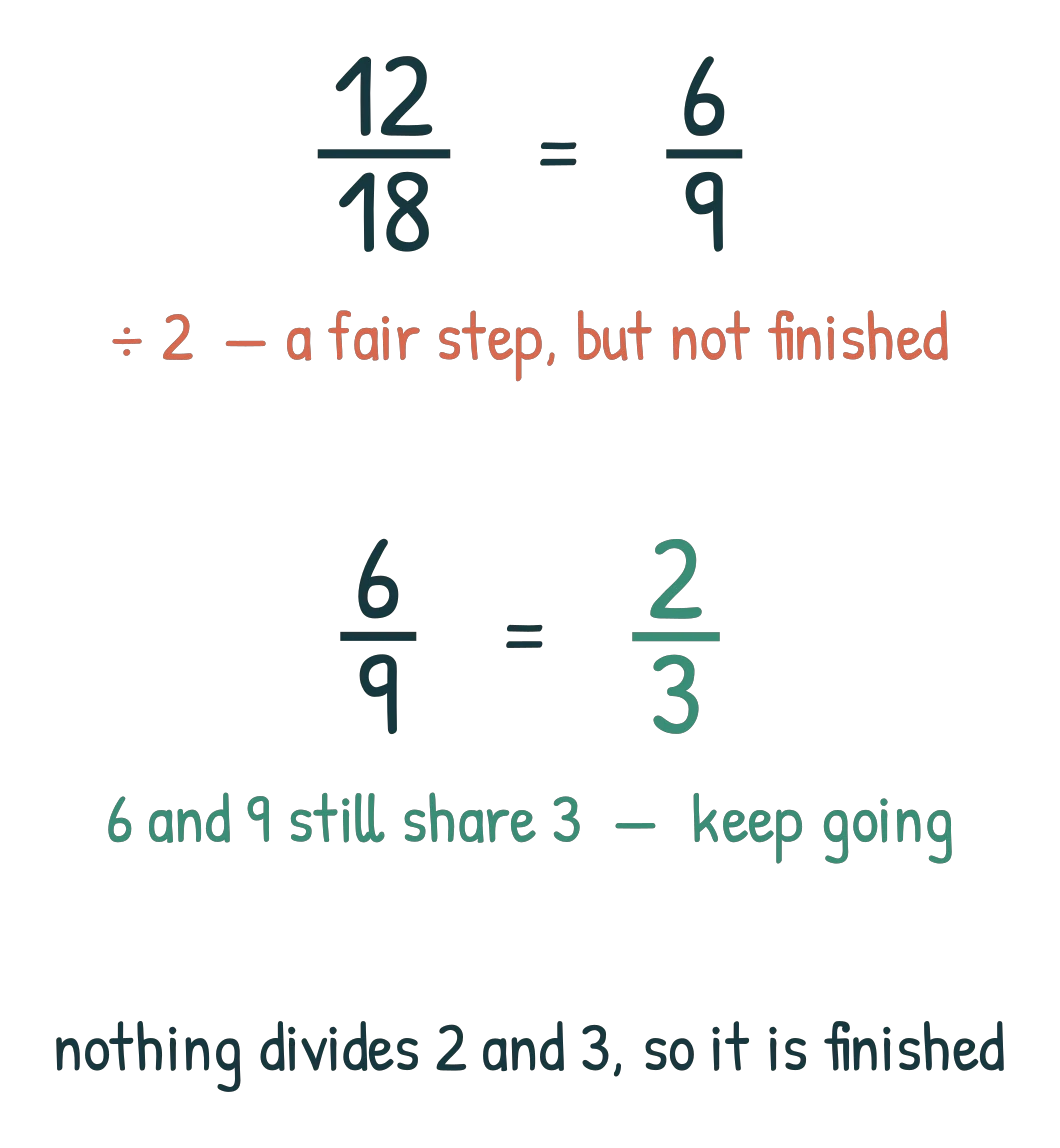 12/18 divided by 2 gives 6/9, labelled a fair step but not finished, then 6/9 divided by 3 gives 2/3, with a note that nothing divides 2 and 3
