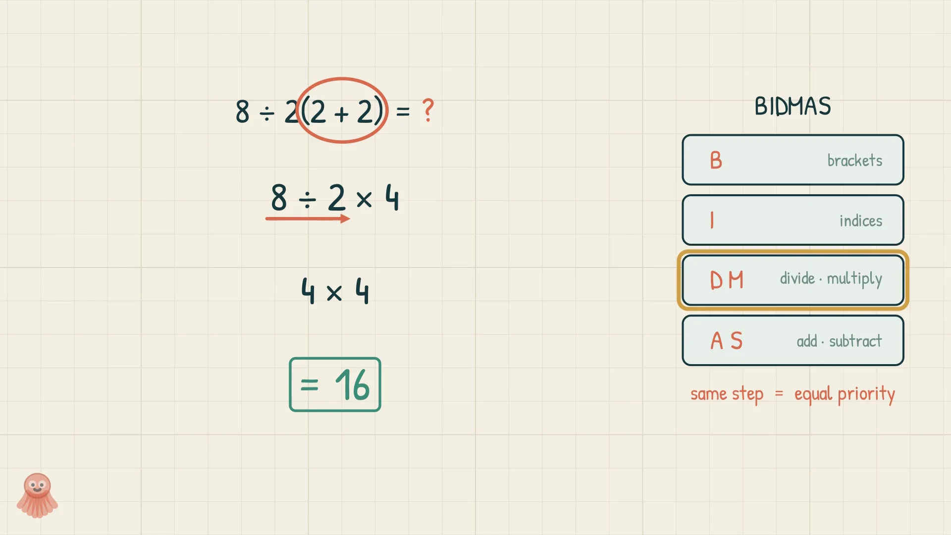 The solve laid out beside the BIDMAS ladder, with divide and multiply sharing one rung and the boxed answer 16